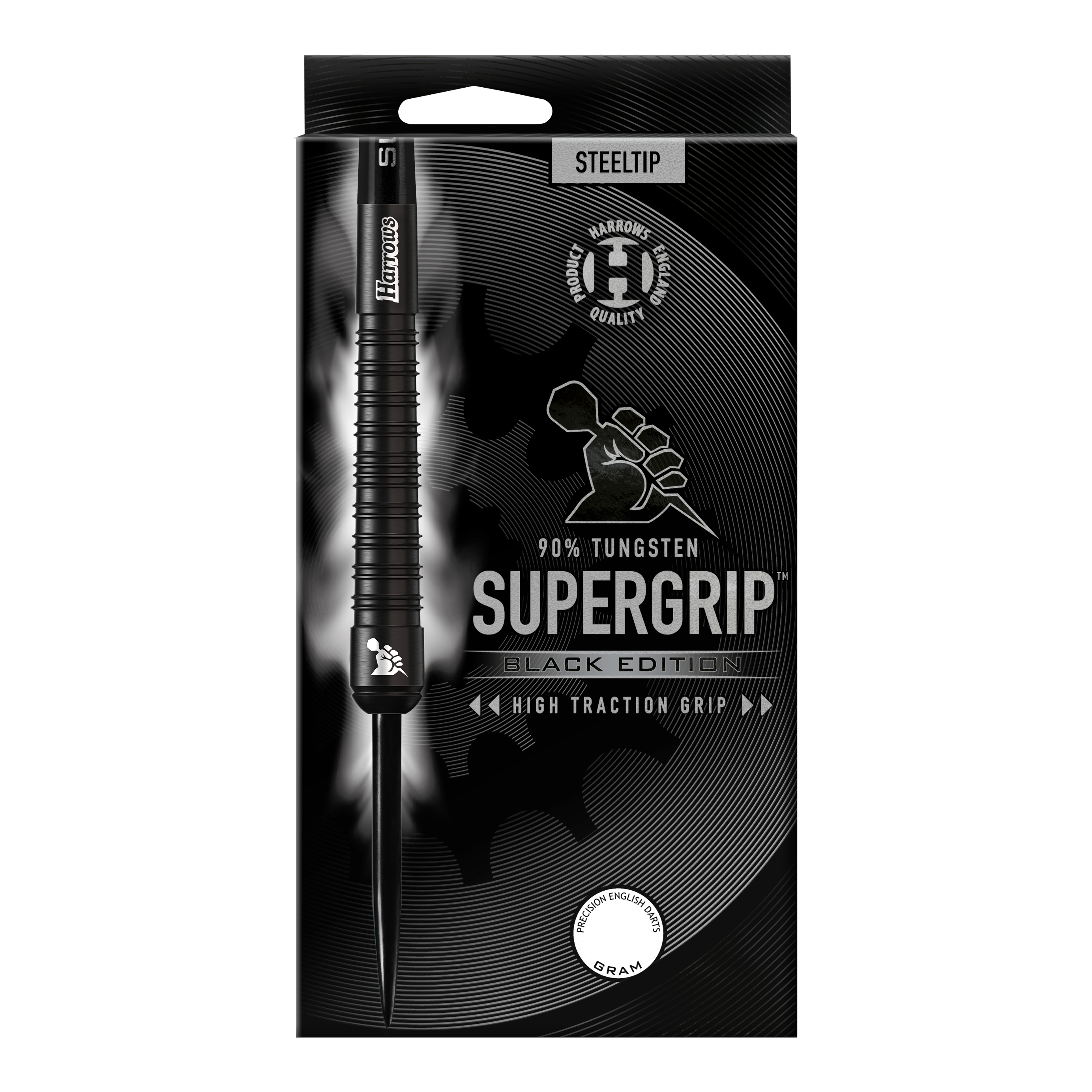 Ocelové šipky Harrows Supergrip Black Edition Das Bild zeigt die Verpackung der "Harrows Supergrip Black-Edition Steeldarts". Die Verpackung ist schwarz gehalten und hebt die hohe Griffigkeit sowie einen 90%igen Tungsten-Anteil hervor.