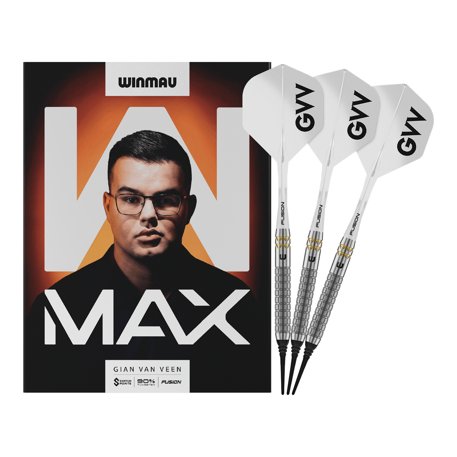Winmau Gian Van Veen W-MAX měkké šipky - 18g Winmau Gian Van Veen W-MAX Softdarts - 18g werden vollständig dargestellt. Alle Details der drei Darts sind sichtbar.