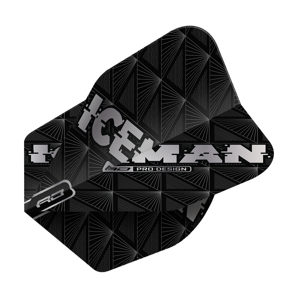 Das Bild zeigt das Dart-Flight „Red Dragon Gerwyn Price Iceman Black No6“. Das Flight ist schwarz mit silberner Schrift und geometrischem Muster, auf dem „ICEMAN“ steht.