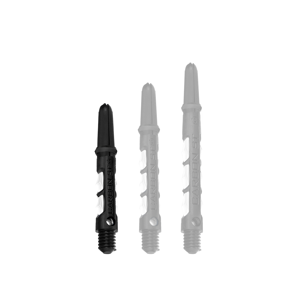 HR437_Harrows_Carbon_ST_Shafts_Weiss_33mm_1bXmIMWHNb3OWY Das Bild zeigt drei Harrows Carbon ST Shafts in Weiß, die nebeneinander stehen. Die Shafts sind unterschiedlich lang und haben ein modernes Design mit schwarzem und weißem Farbanteil.