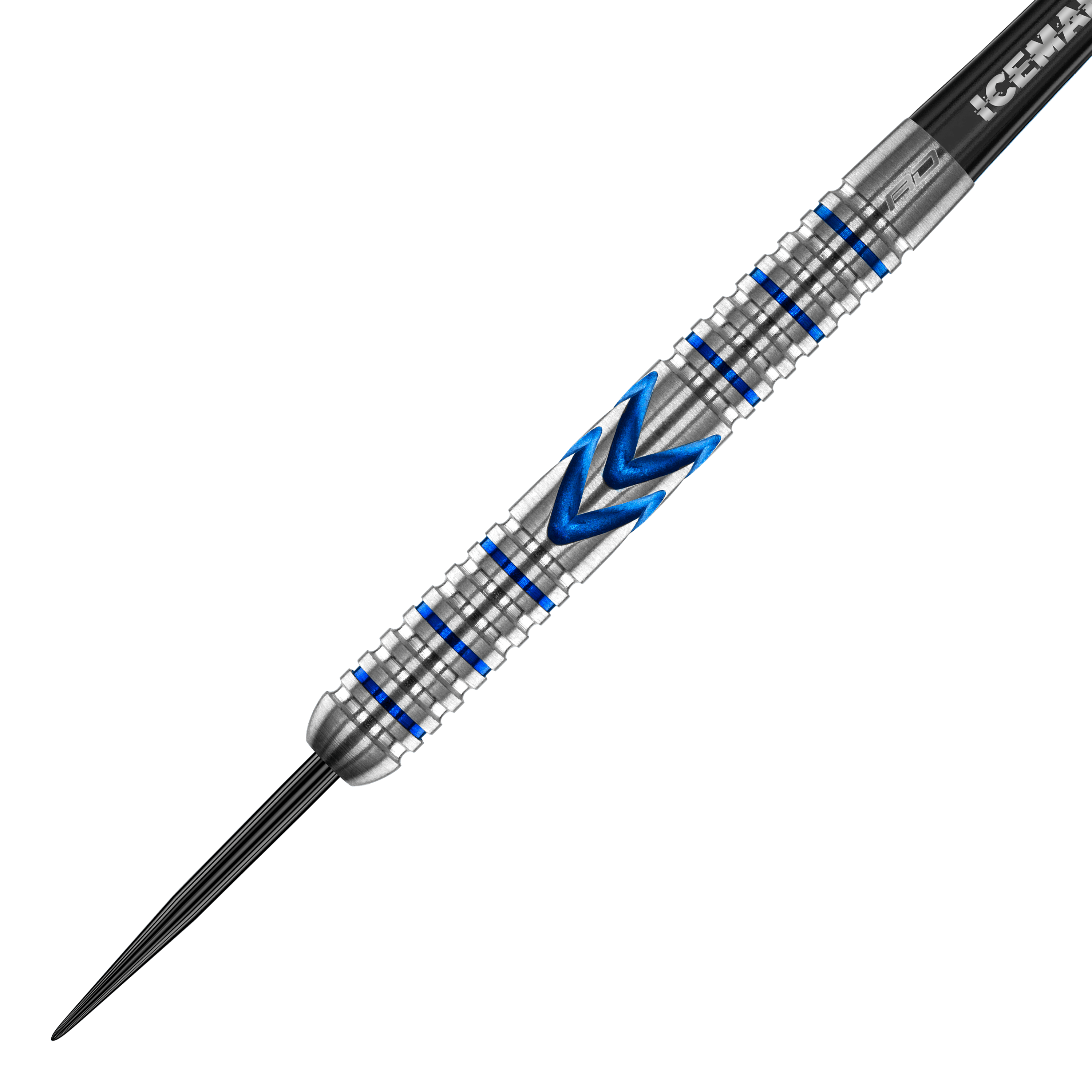 Ocelové šipky Red Dragon Gerwyn Price Iceman Midnight Edition Das Bild zeigt einen Steeldart mit silberner Oberfläche und blauen Akzenten. In der Mitte befindet sich ein markantes blaues Muster in Pfeilform.