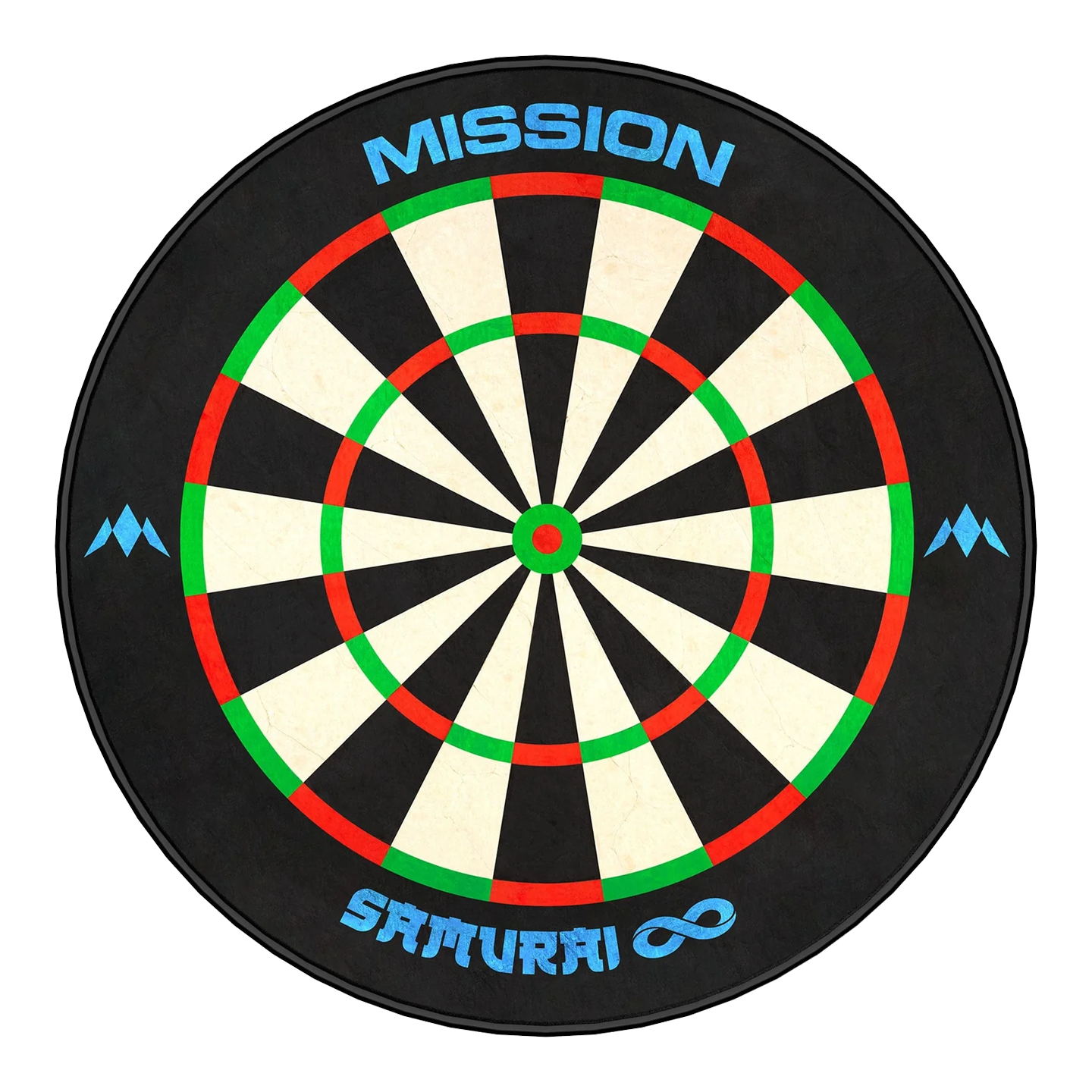 Das Bild zeigt eine runde Mini-Dartscheibe mit abwechselnd schwarzen und weißen Segmenten. Oben steht „MISSION“ und unten „SAMURAI ∞“ in blauer Schrift.