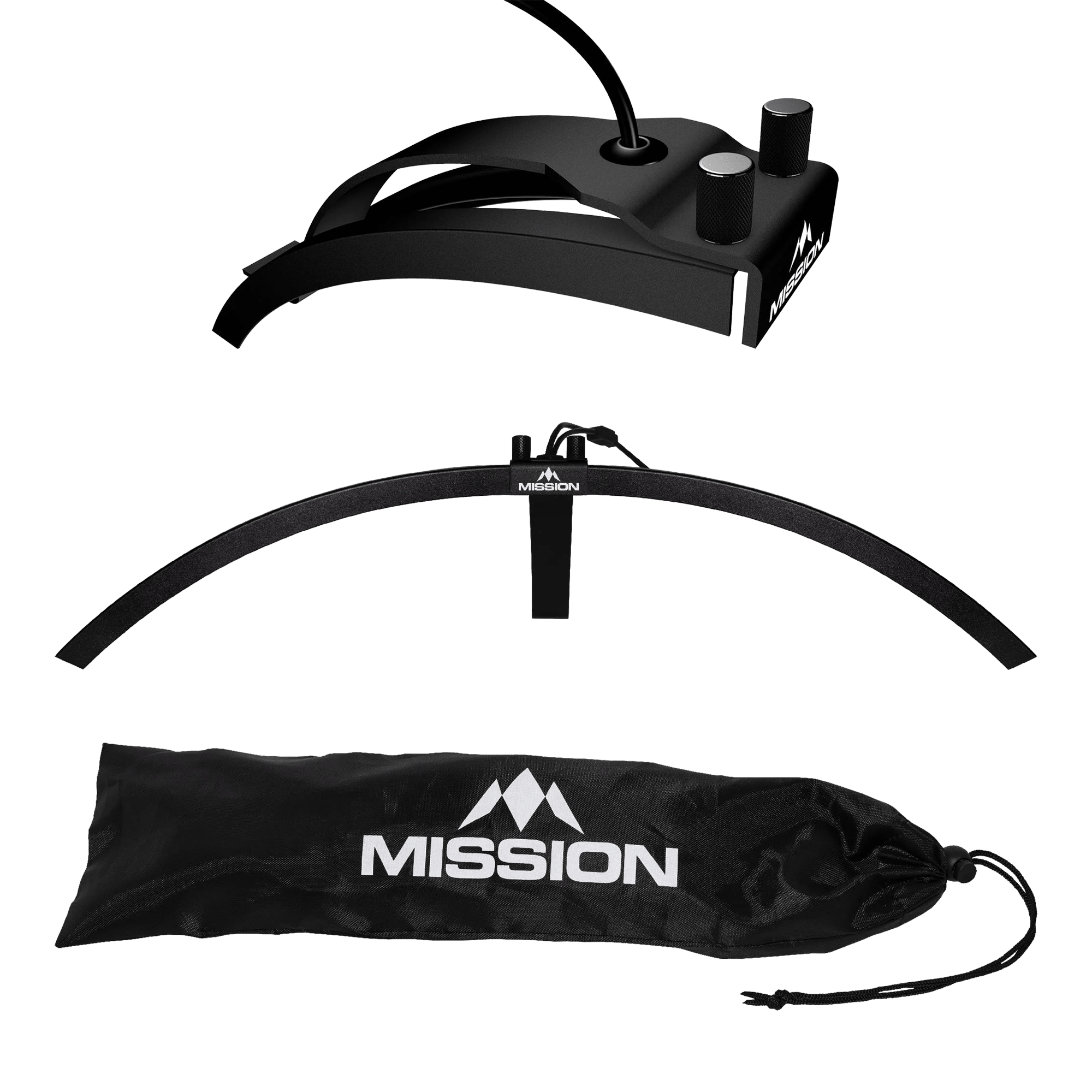 Das Bild zeigt die faltbare LED Dartboard Beleuchtung "Mission Torus 100". Abgebildet sind das Beleuchtungselement, ein Bogen und eine schwarze Transporttasche mit dem Mission-Logo.