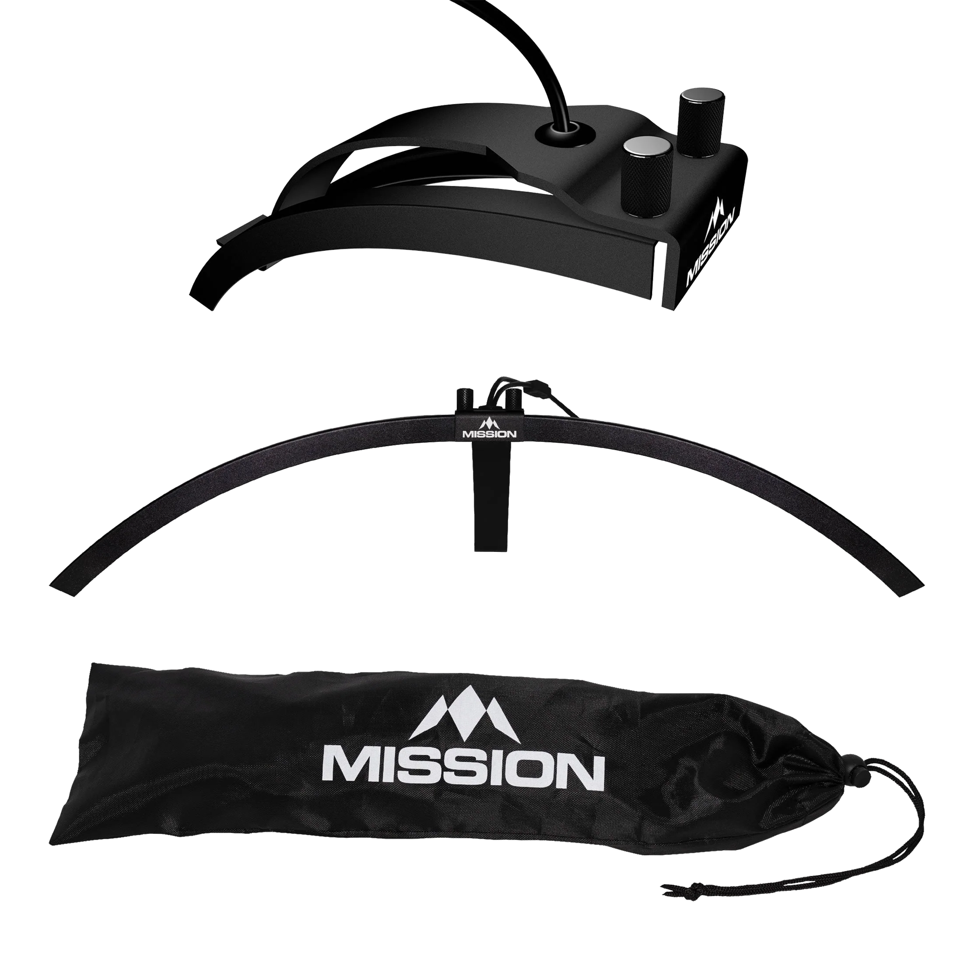 Skládací LED osvětlení terče Mission Torus 100 Das Bild zeigt die faltbare LED Dartboard Beleuchtung "Mission Torus 100". Abgebildet sind das Beleuchtungselement, ein Bogen und eine schwarze Transporttasche mit dem Mission-Logo.