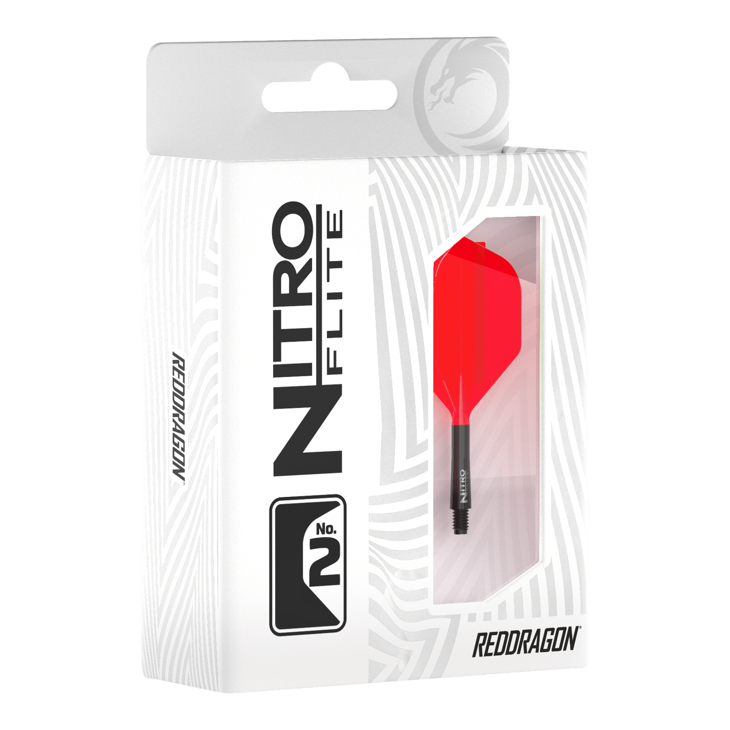 Abgebildet ist das Produkt Red Dragon Nitroflite - Black Shaft Red No2 Flights. Die Flights sind für Dartpfeile geeignet und haben schwarze und rote Farben.