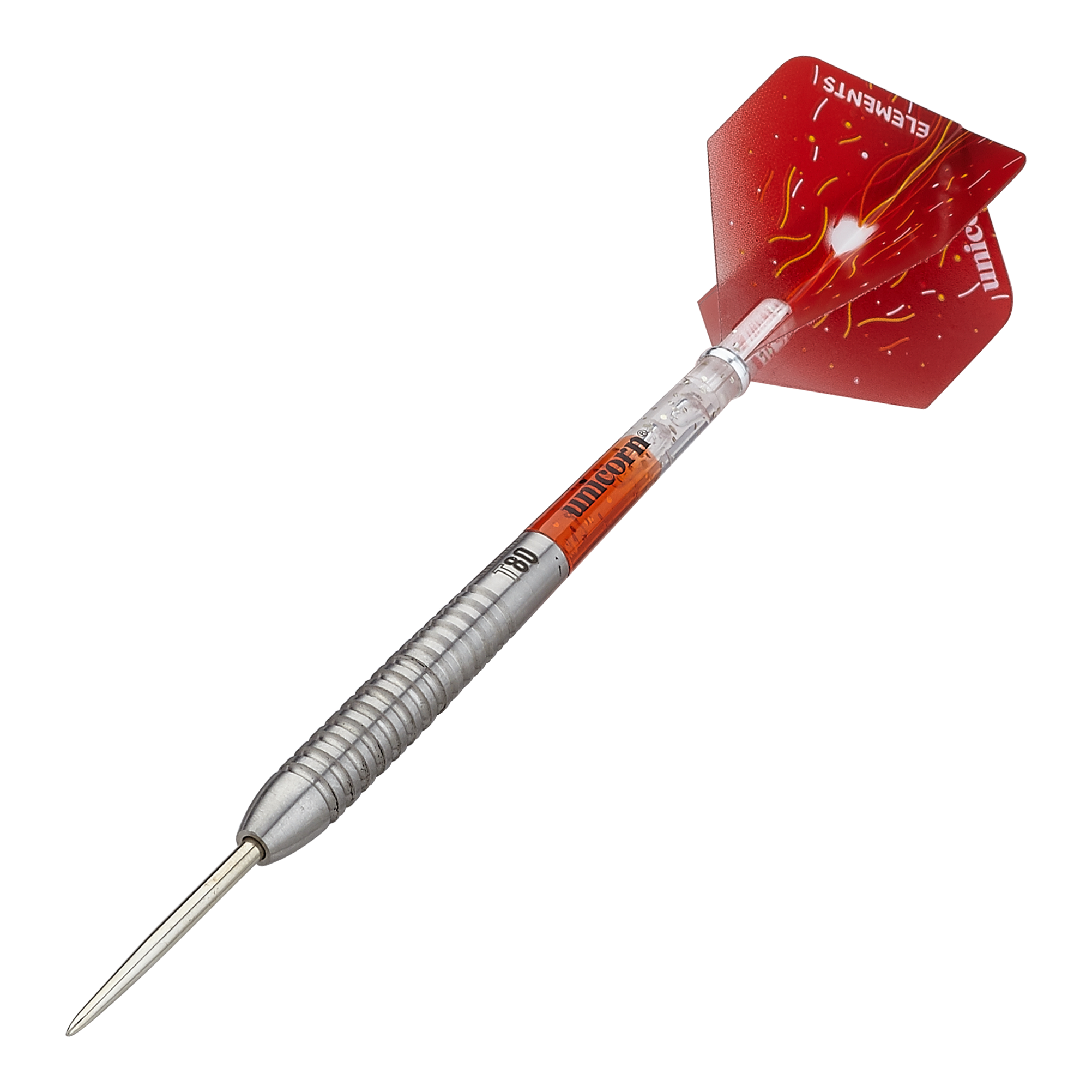 Ocelové šipky Unicorn Core XL Striker Style 5 Das Bild zeigt einen Unicorn Core XL Striker Style 5 Steeldart. Der Dartpfeil hat einen silbernen Schaft und rote Flights mit gelben Mustern.