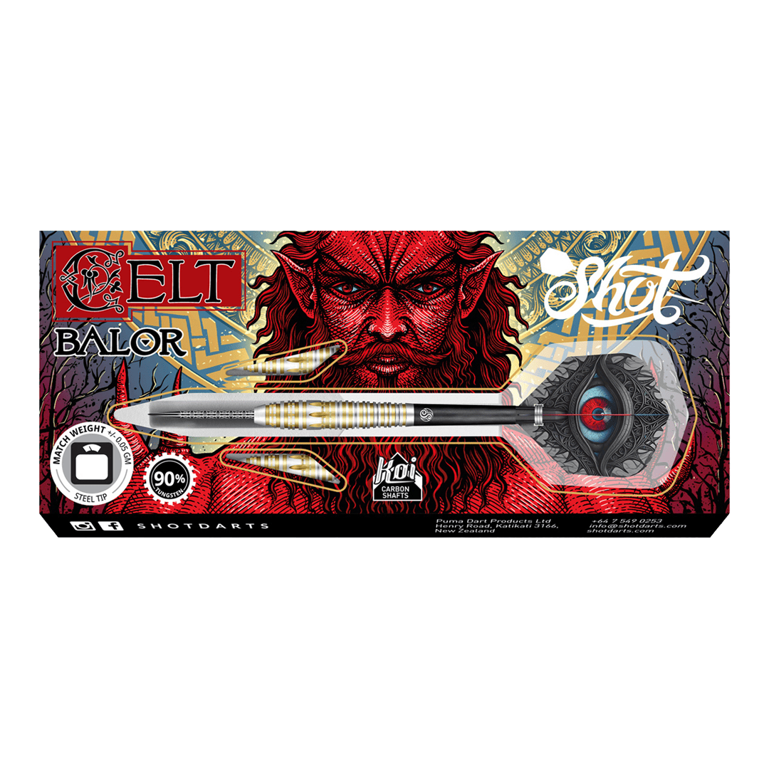Střelené keltské Balorské ocelové šipky Das Bild zeigt die Verpackung der "Shot Celt Balor Steeldarts". Im Hintergrund ist ein auffälliges, rotes Fantasy-Gesicht und kunstvolles Design zu sehen.
