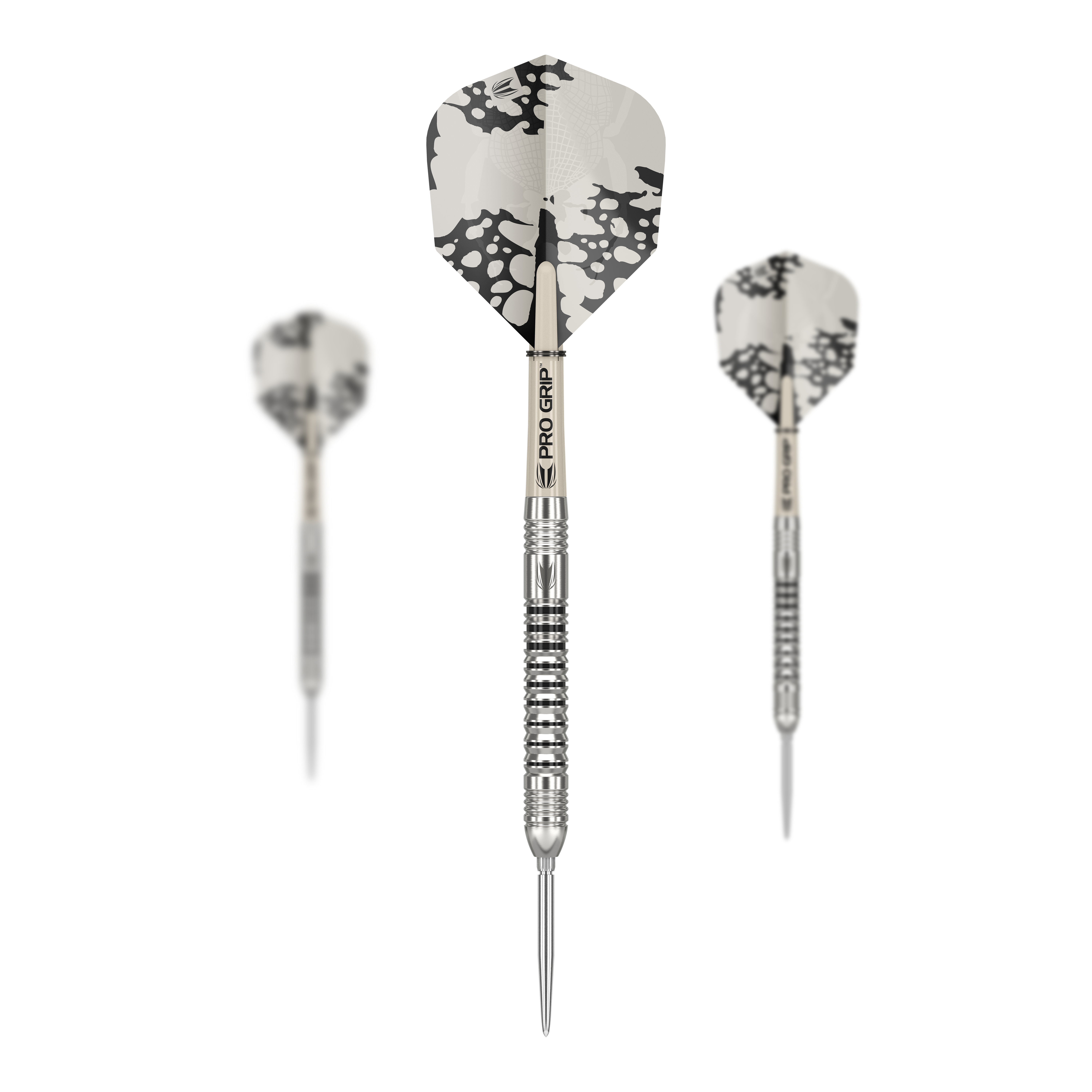 Ocelové šipky Target EXO SP03 Swiss Point Das Bild zeigt drei Steeldarts des Modells 'Target EXO SP03 Swiss Point'. Die Darts haben silberne Spitzen und einen schwarz-weißen Flug mit auffälligem Muster.