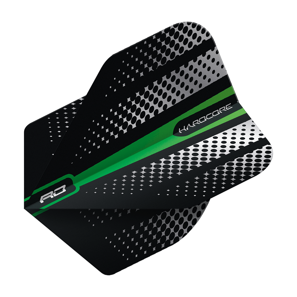 TF6508_Red_Dragon_Hardcore_Radical_Green_Flash_Standard_Flights_2 Das Bild zeigt das Produkt "Red Dragon Hardcore Radical Green Flash Standard Flights". Die Dart-Flight ist schwarz mit silbernen Punkten und einem grünen Streifen.