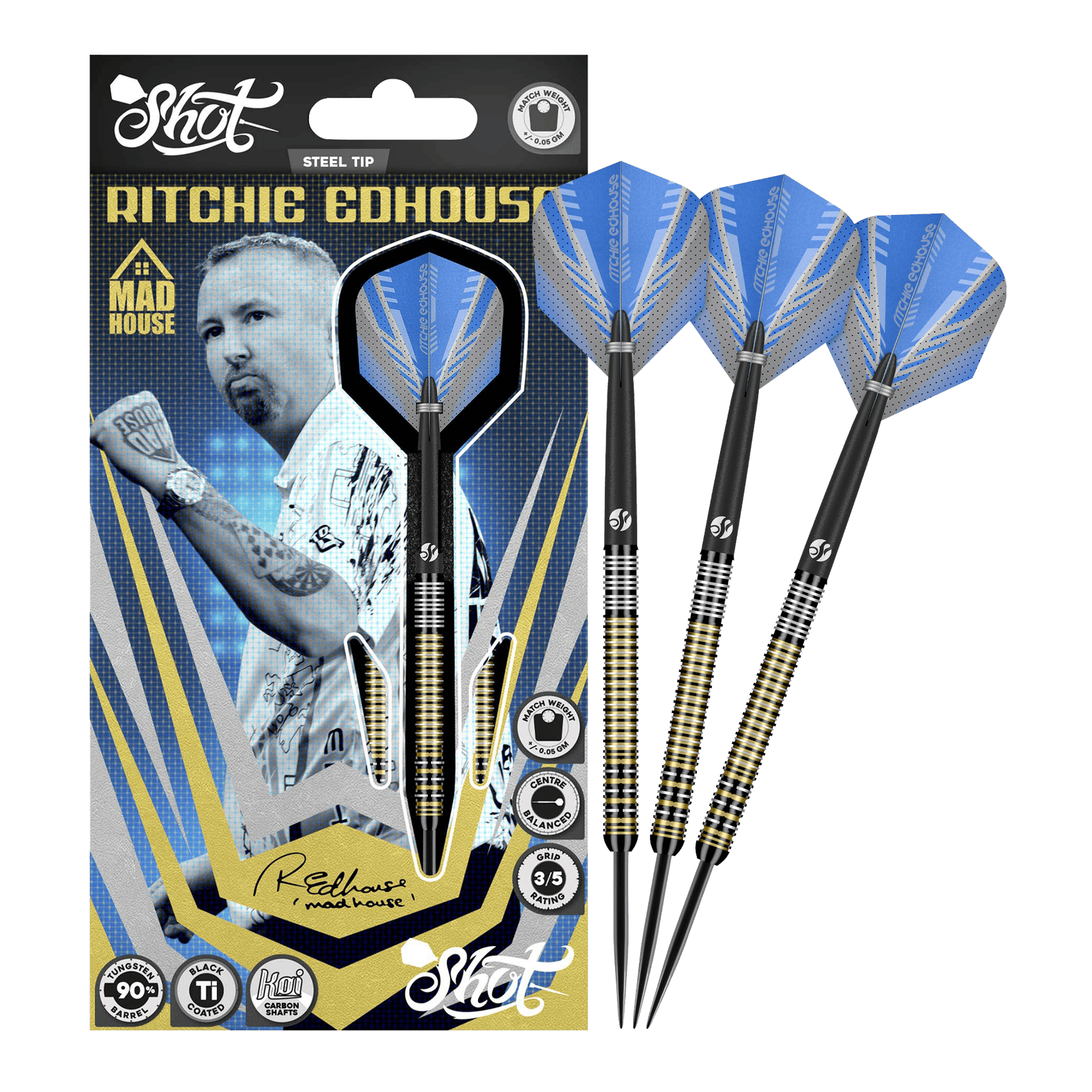 Ocelové šipky Shot Ritchie Edhouse Madhouse Das Bild zeigt die Shot Ritchie Edhouse Madhouse Steeldarts in voller Ansicht. Diese Darts zeichnen sich durch ihr einzigartiges Design aus.