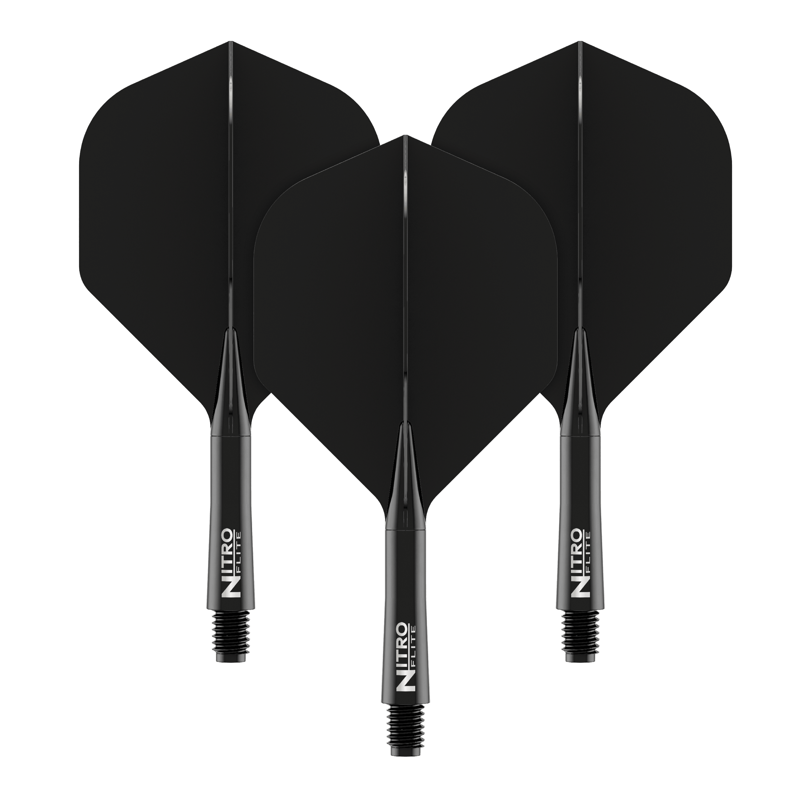 Red Dragon Nitroplte - Black Shaft Black No2 Flights Das Bild zeigt drei schwarze Dartflights mit schwarzen Schäften. Auf den Schäften steht in weißer Schrift "NITRO FLITE".