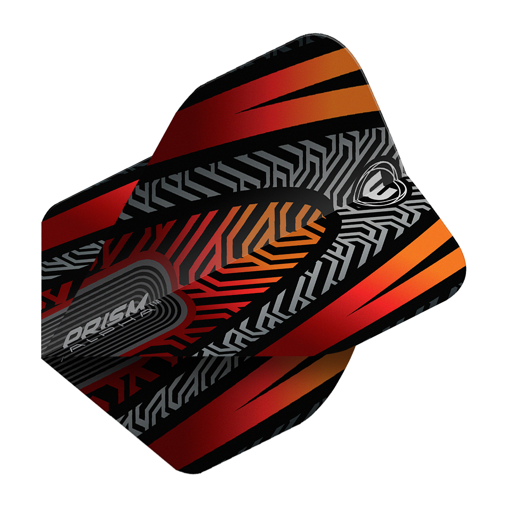 Das Bild zeigt ein Dartflight des Modells "Winmau Prism Alpha Schwarz Orange No2 Standard Flights". Das Flight hat ein auffälliges Design in Schwarz, Orange und Rot mit geometrischen Mustern.