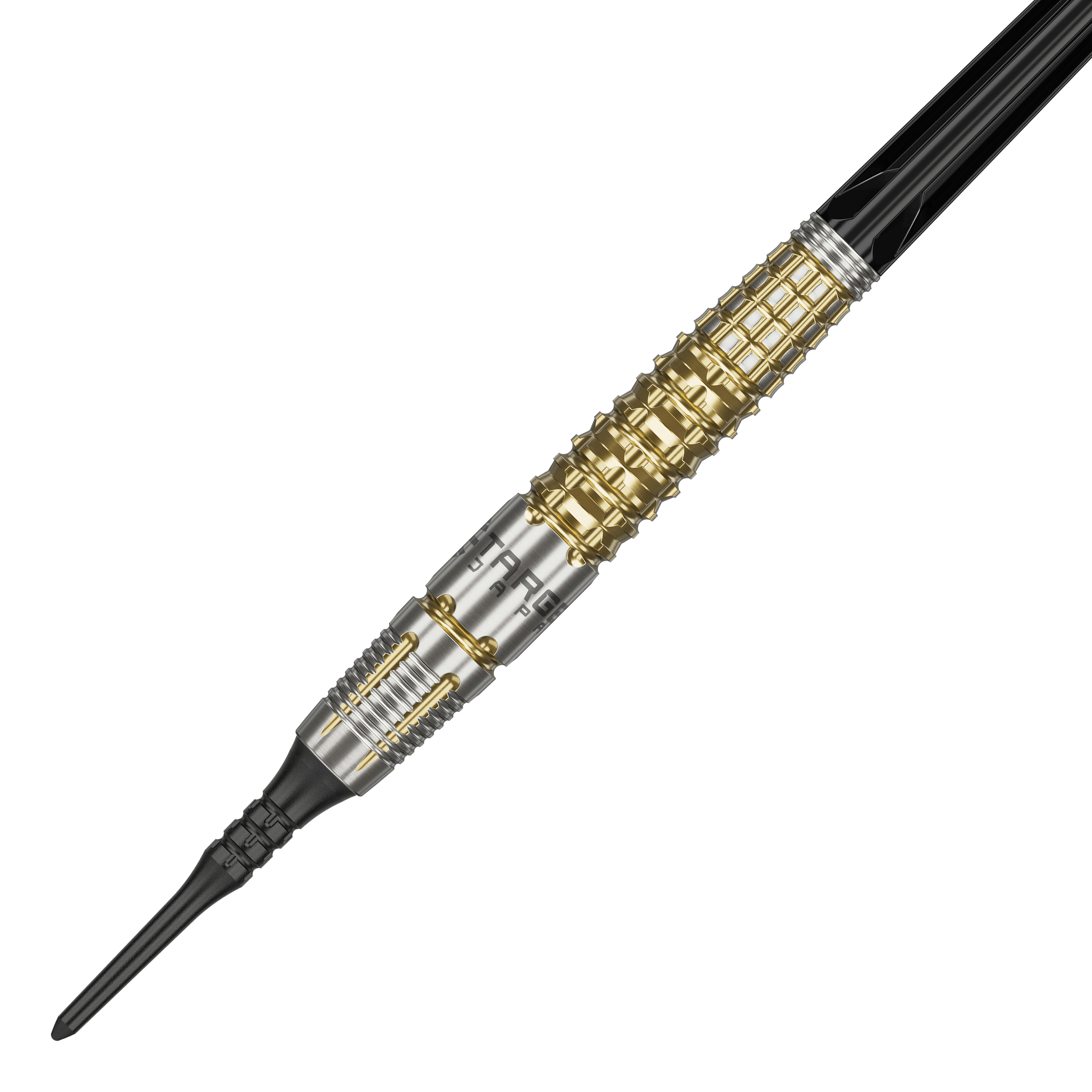 Měkké šipky Target Japan Black Marque Warrior - 18,5 g Das Bild zeigt einen Softdart namens "Target Japan Black Marque Warrior" mit einem Gewicht von 18,5g. Der Dart hat ein auffälliges Design mit goldenen und silbernen Elementen sowie einer schwarzen Spitze.