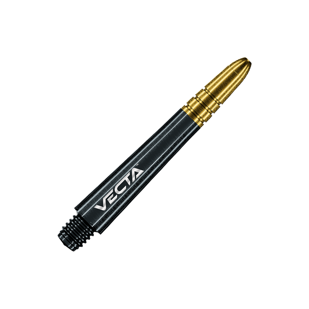 7025-409_Winmau_Vecta_Shafts_Schwarz_Gold_37mm_2 Das Bild zeigt einen schwarzen und goldenen Dartshaft mit der Aufschrift "VECTA". Der Schaft hat ein modernes, glänzendes Design und ist 37 mm lang.
