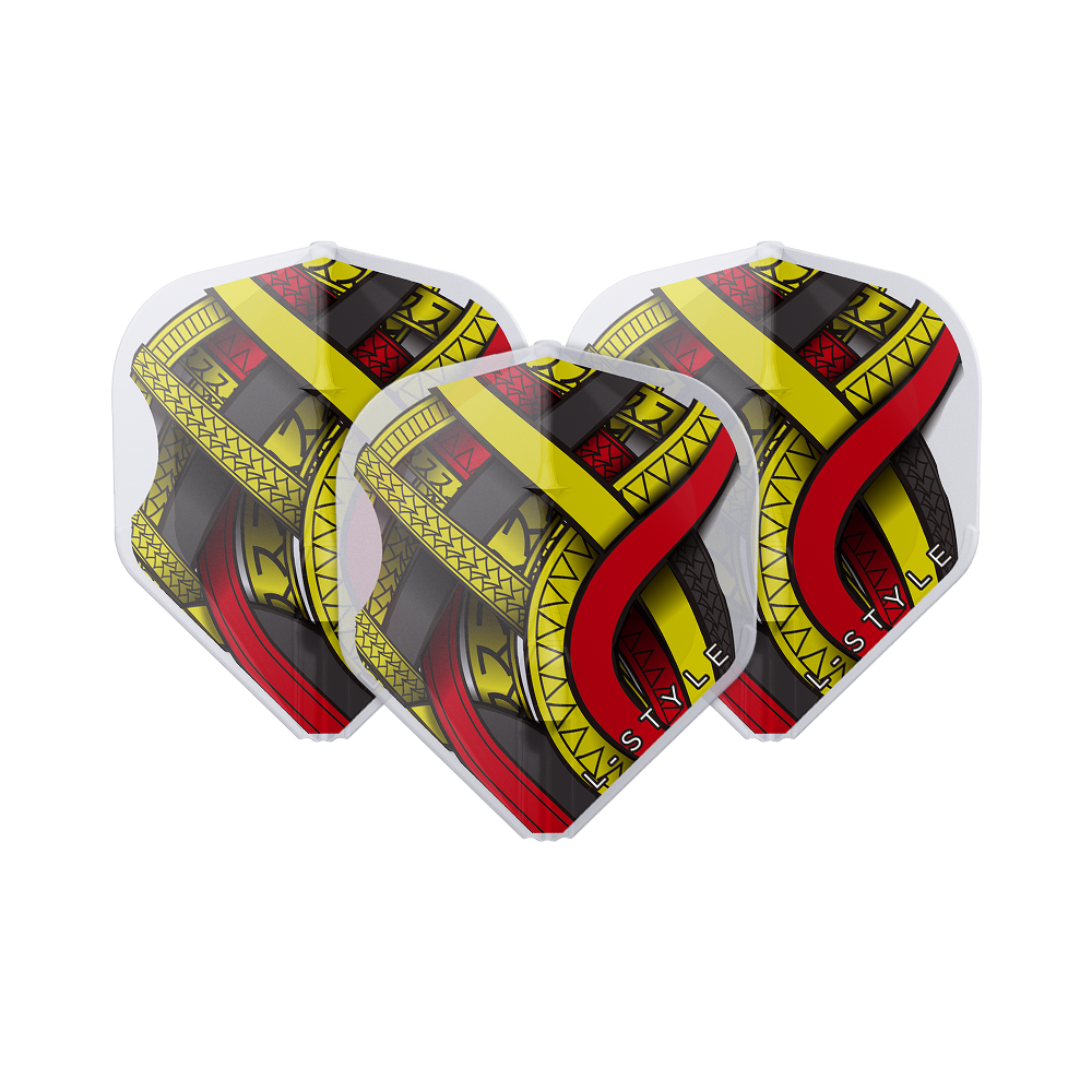 Letenky Rene Eidams V4 Clear White L1EZ ve stylu L Das Bild zeigt drei Dart-Flights des Modells "L-Style Mike De Decker Type A Clear White L1EZ". Die Flights sind klar weiß mit einem auffälligen gelb-schwarz-roten Design.