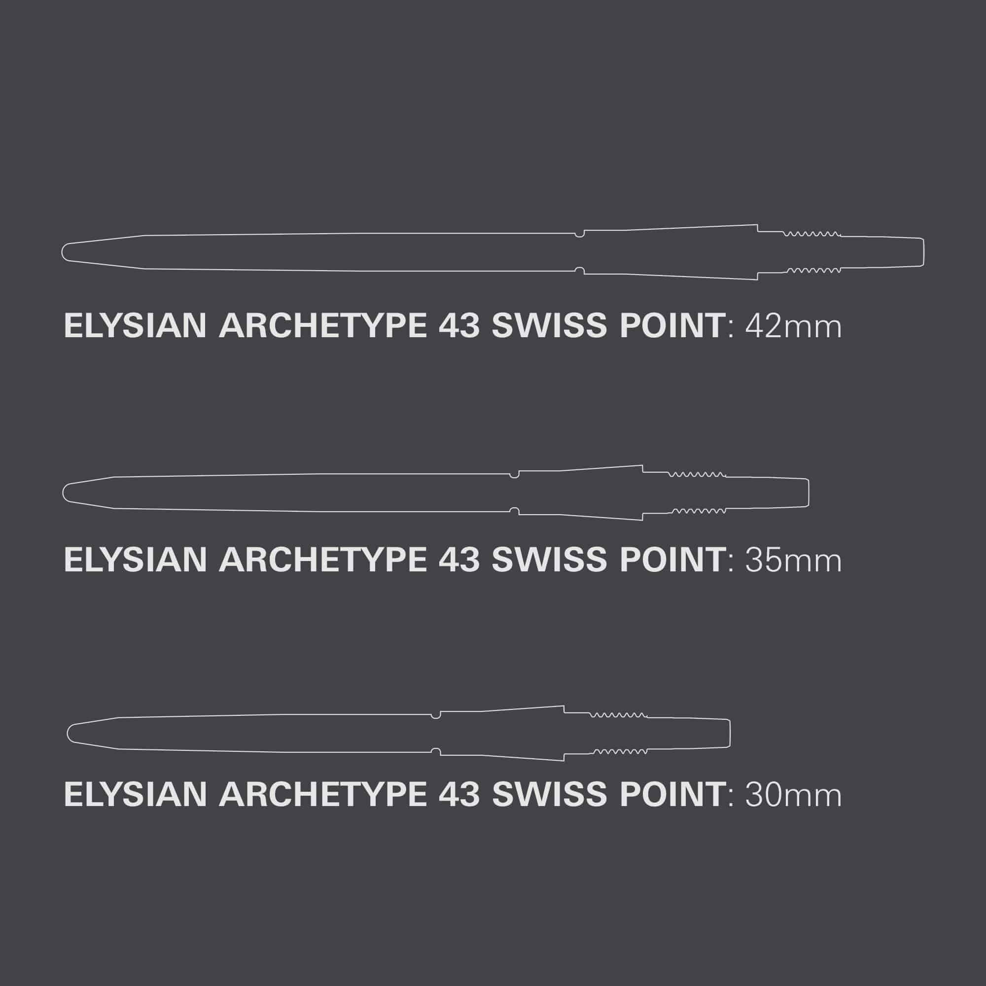 Špičky na šipky Target Elysian Archetype 43 Swiss Point ocelové - stříbrné Target Elysian Archetype 43 Swiss Point Steeldartspitzen in Silber. Das Bild zeigt hochwertige Dartspitzen für Steel-Darts.