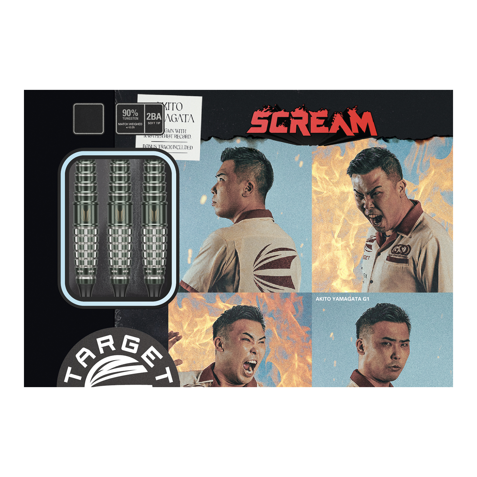 Měkké šipky Target Japan Akito Yamagata Scream GEN1 - 19g Das Bild zeigt die Verpackung der Target Japan Akito Yamagata Scream GEN1 Softdarts - 19g. Auf der Verpackung sind drei Darts sowie vier ausdrucksstarke Porträtfotos einer Person zu sehen.