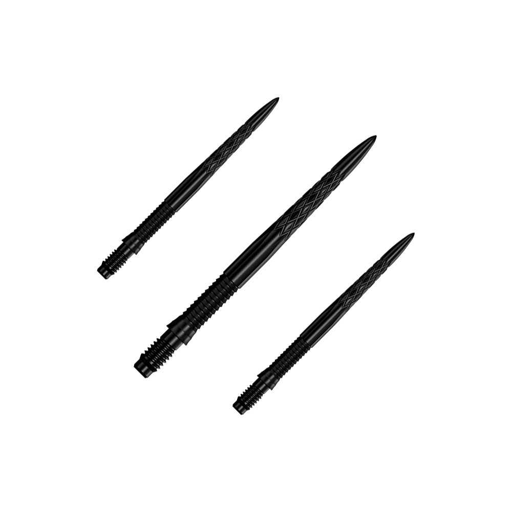 Špičky na šipky Mission R2.5 Rapid Point DSX - černé Das Bild zeigt ein Set von schwarzen Dartspitzen, 30 mm lang. Die Dartspitzen sind zusammen gruppiert dargestellt.