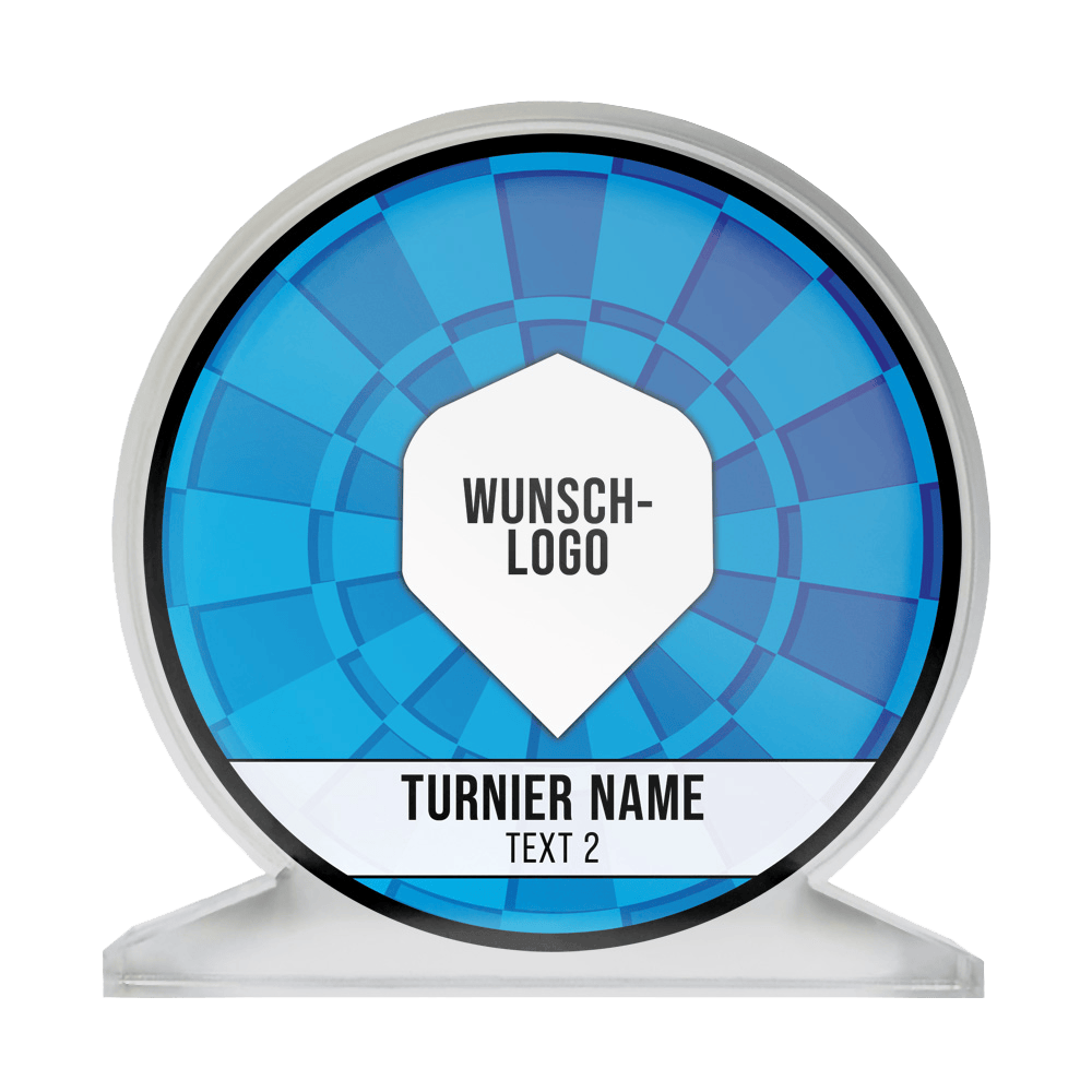 ACP-Blau_Acrylglas_Pokal_mit_Wunschdruck_Logo_Blau_1 Dies ist ein runder Pokal aus Acrylglas mit einem blauen Muster. In der Mitte steht "Wunsch-Logo" und darunter "Turnier Name" und "Text 2".