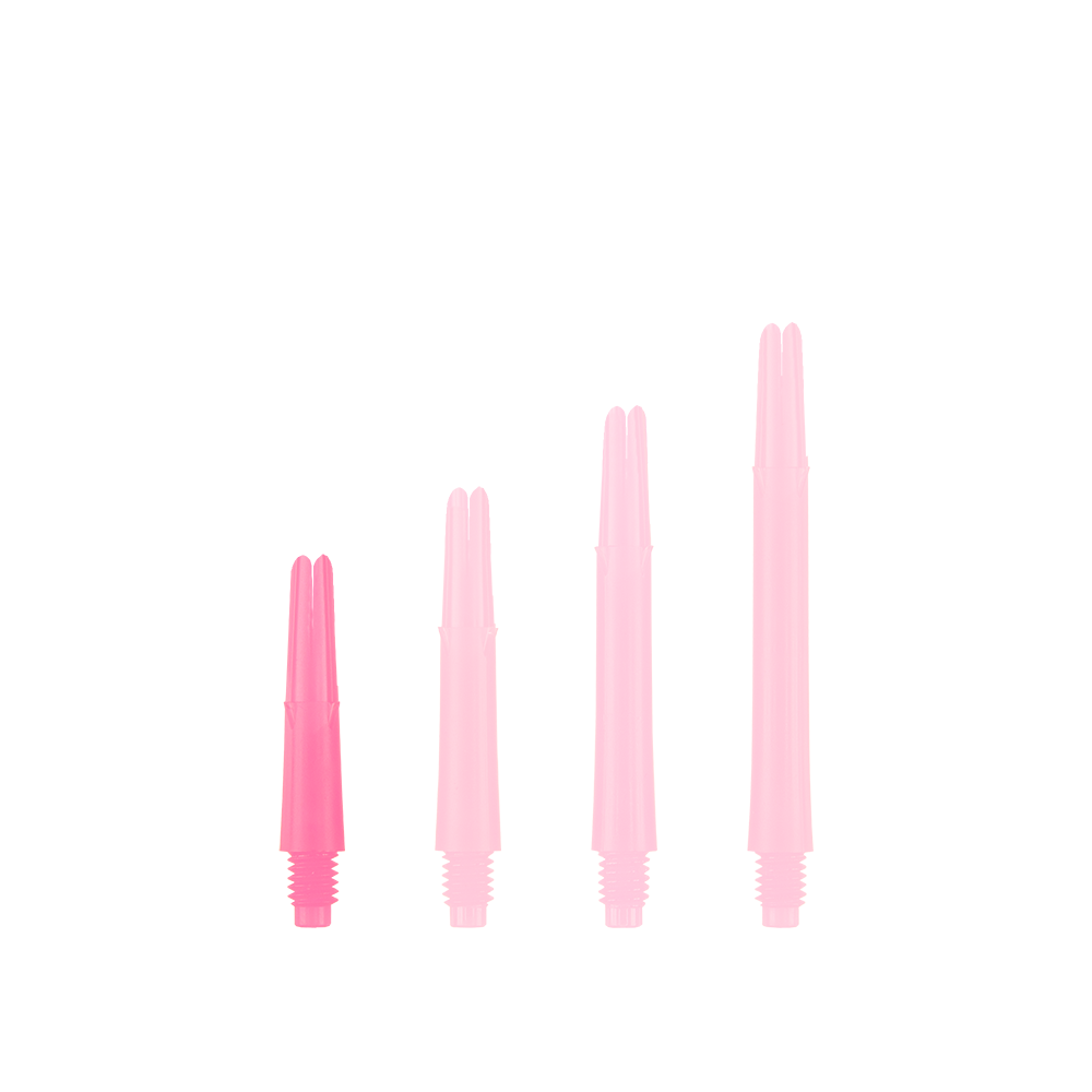 Auf dem Bild sind vier gerade, pinke Dartschäfte in unterschiedlichen Längen zu sehen. Sie stehen nebeneinander aufrecht und haben unten ein Schraubgewinde.