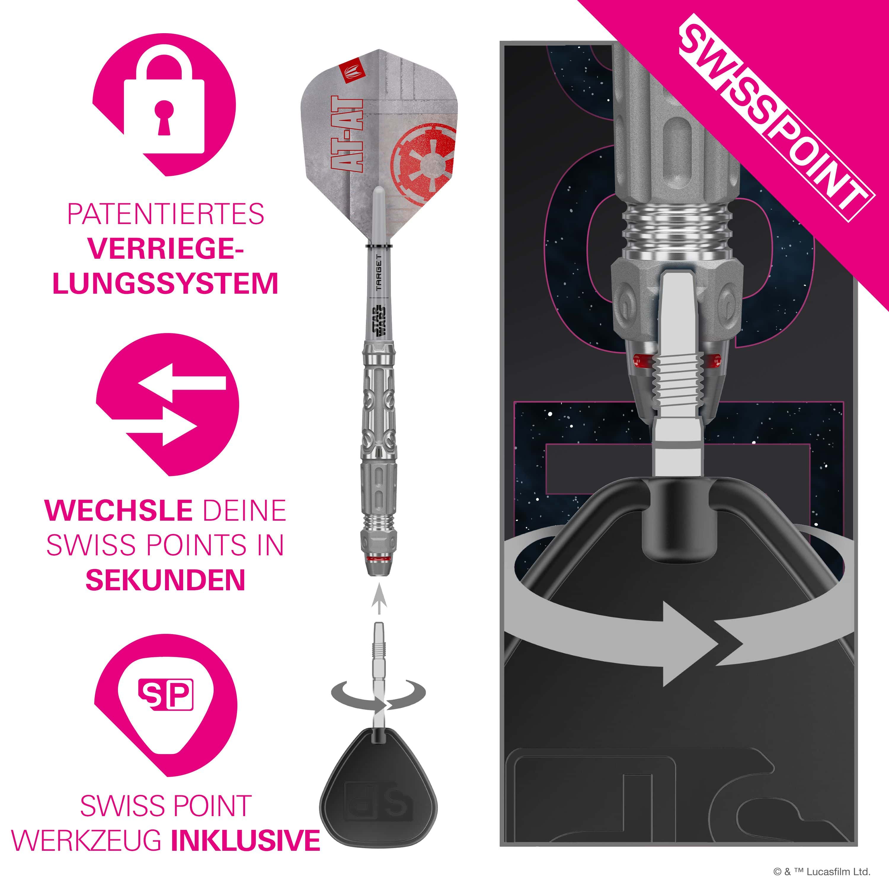 Ocelové šipky Target Star Wars AT-AT Swiss Point Hier sind die Target Star Wars AT-AT Swiss Point Steeldarts abgebildet. Die Darts haben ein einzigartiges Design aus dem Star Wars Universum.