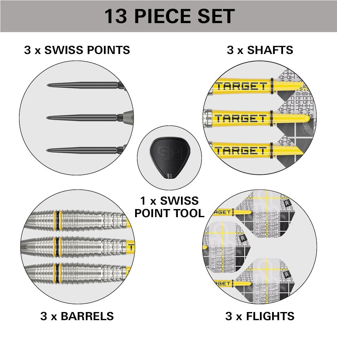 Ocelové šipky Target Scott Williams GEN2 Swiss Point Dieses Bild zeigt das 13-teilige Target Scott Williams GEN2 Swiss Point Steeldarts Set. Es enthält 3 Swiss Points, 3 Shafts, 3 Barrels, 3 Flights und 1 Swiss Point Tool.