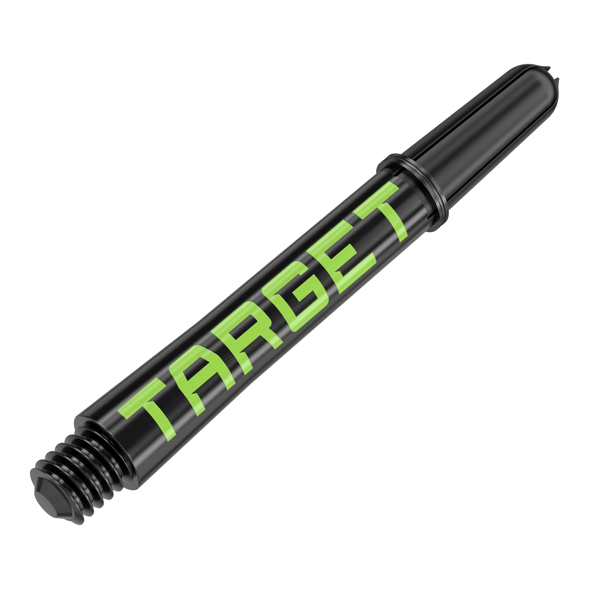 Target Pro Grip TAG Shafts - 3 sady - černo-zelené Das Bild zeigt einen schwarzen Dart-Schaft mit grünem Schriftzug „TARGET“. Der Schaft hat ein Schraubgewinde an einem Ende.