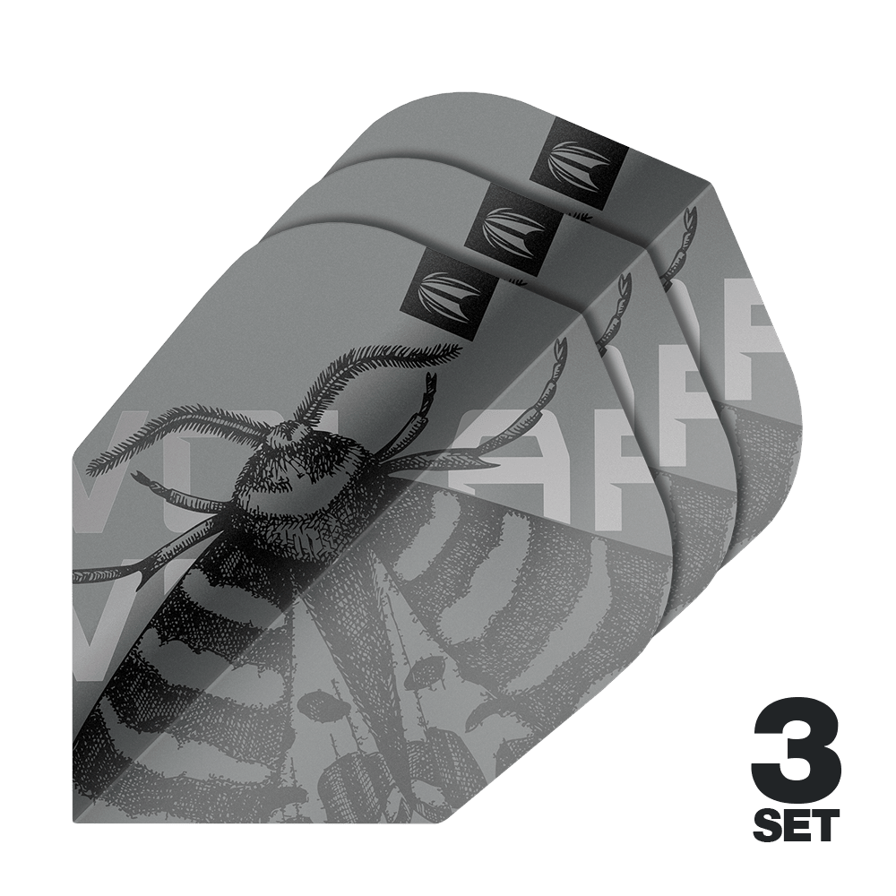 Letky Target Pro Ultra Volar č. 6 - 3 sady Das Bild zeigt drei Sets der Target Pro Ultra Volar No6 Flights. Die Flights sind grau mit einem detaillierten Insektenmotiv gestaltet.
