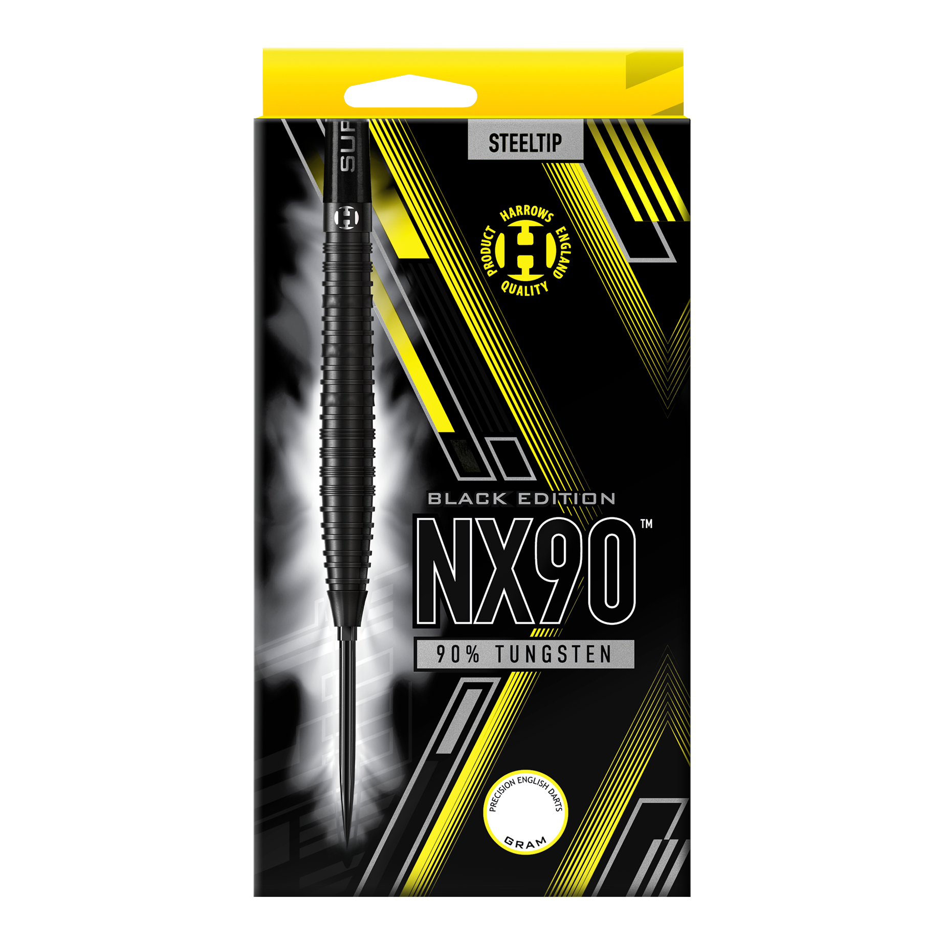 Harrows NX90 Black Edition Tapered Quick Point ocelové šipky Die Abbildung zeigt die Harrows NX90 Black Edition Tapered Quick Point Steeldarts. Sie haben eine elegante, konische Silhouette und sind komplett schwarz.