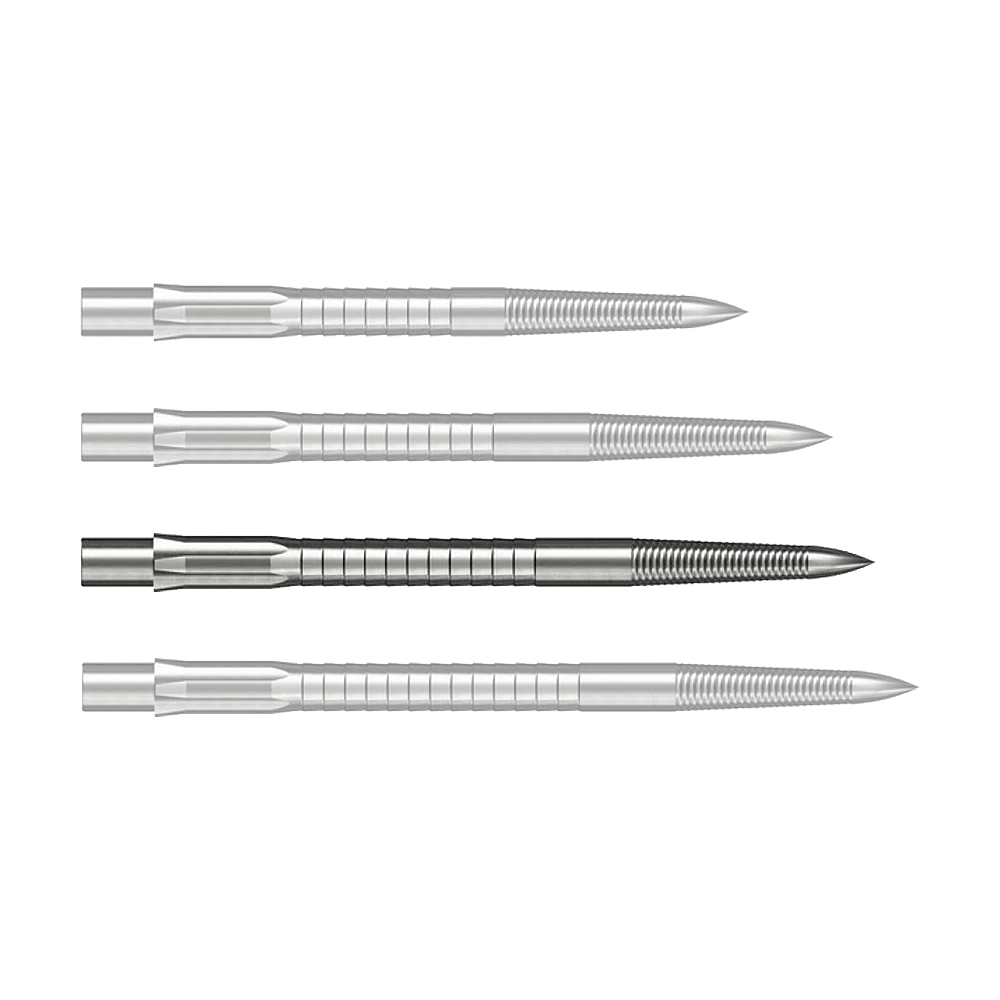 Ocelové hroty na šipky Caliburn System - Micro Grip - stříbrné Das Bild zeigt Steeldartspitzen mit Micro Grip im Silber-Design, 36mm lang. Das Produkt ist auf weißem Hintergrund zu sehen.