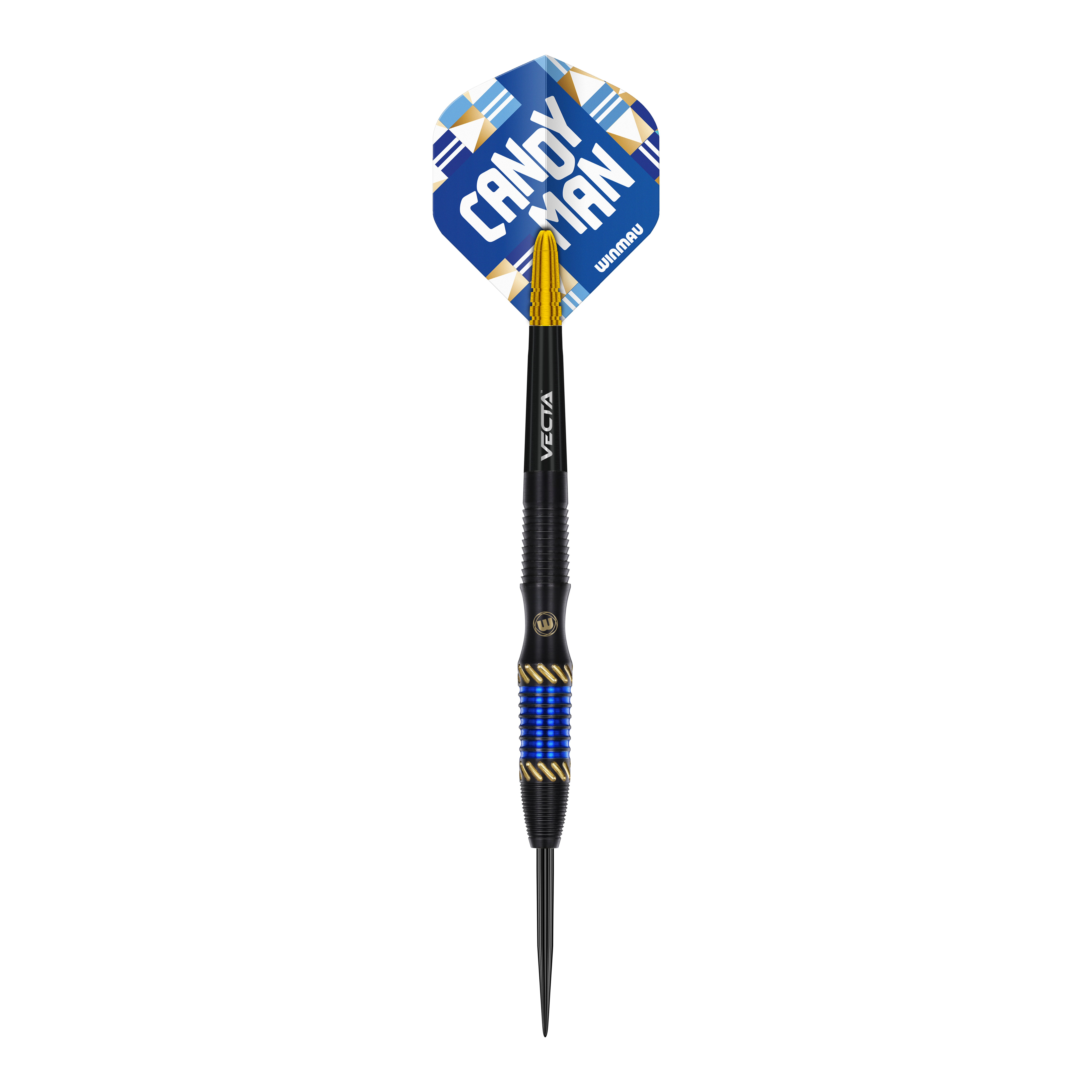 Das Bild zeigt einen Winmau Rashad Sweeting Steeldart mit 24g Gewicht. Der Dart hat blaue und goldene Akzente sowie eine Flight mit der Aufschrift "CANDY MAN".