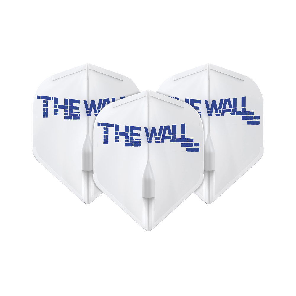 Lety Martin Schindler White L1EZ ve stylu L Das Bild zeigt drei weiße Dart-Flights mit der blauen Aufschrift "THE WALL". Die Flights sind das Modell L-Style Martin Schindler Weiß L1EZ.