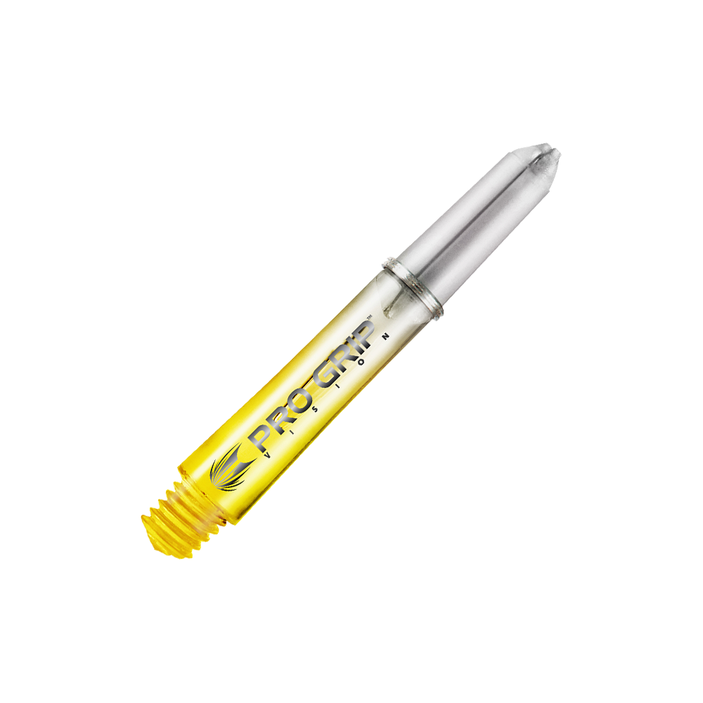 Násadky Target Pro Grip Vision - 3 sady - žluté Das Bild zeigt einen gelben Dart-Schaft mit der Aufschrift "Pro Grip Vision". Der Schaft ist durchsichtig und hat ein modernes Design.