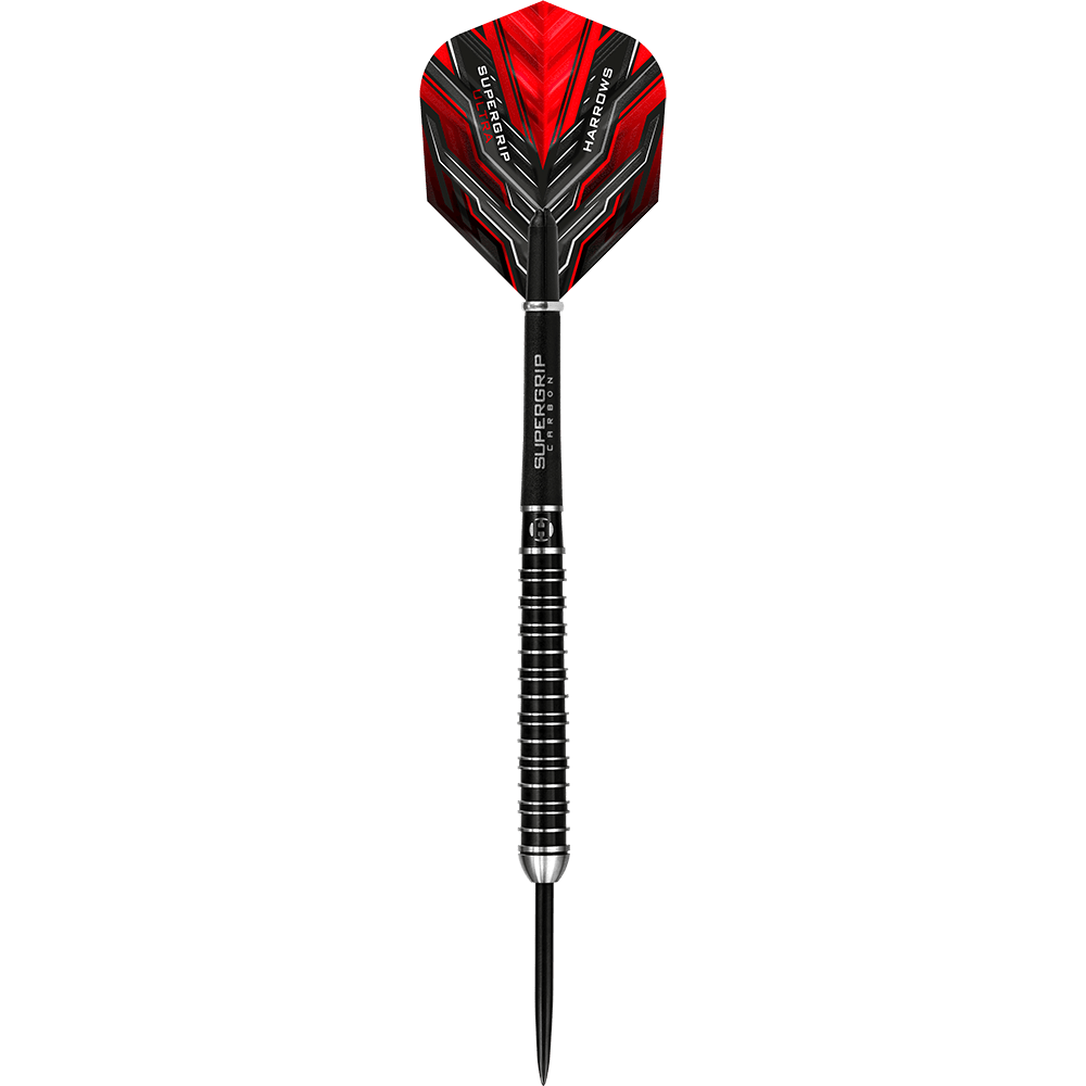 HA25176_Harrows_Supergrip_Ultra_Steeldarts_1VJA8FKE4i0pYg Das Bild zeigt einen Harrows Supergrip Ultra Steeldart. Der Dart hat ein auffälliges rotes Flight-Design und einen schwarzen, gerillten Barrel.