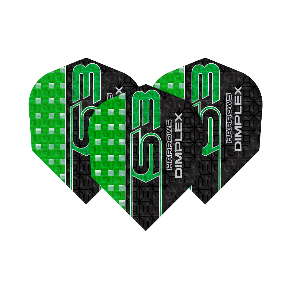 Lety Harrows Dimplex S3 - zelené Das Bild zeigt drei grüne und schwarze Dart-Flights des Modells "Harrows Dimplex S3". Auf den Flights steht der Text "Harrows Dimplex S3" in grüner und weißer Schrift.