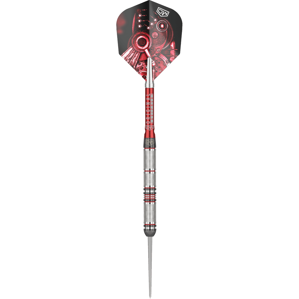 Ocelové šipky DW Piranha Razor 01 Das Bild zeigt den Steeldart "DW Piranha Razor 01". Der Dart hat ein silbernes Griffstück mit roten Akzenten und eine Flight mit mechanischem Design.