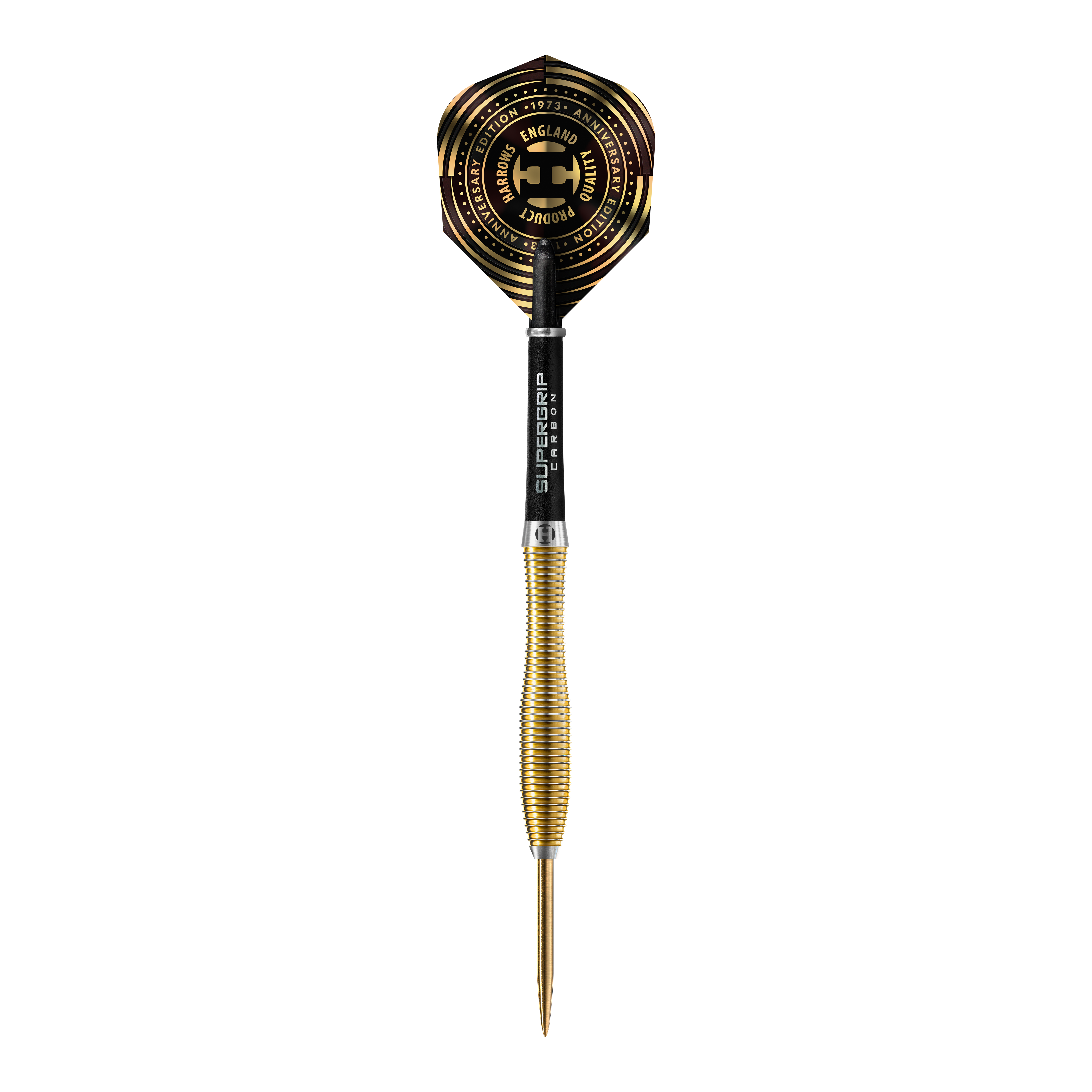 Harrows Anniversary Edition V-Wing Steel Darts Dies ist ein goldfarbener Steeldart mit einer schwarzen und goldenen Flight. Auf dem Flight steht „Harrows Anniversary Edition“ und andere Beschriftungen in goldener Farbe.