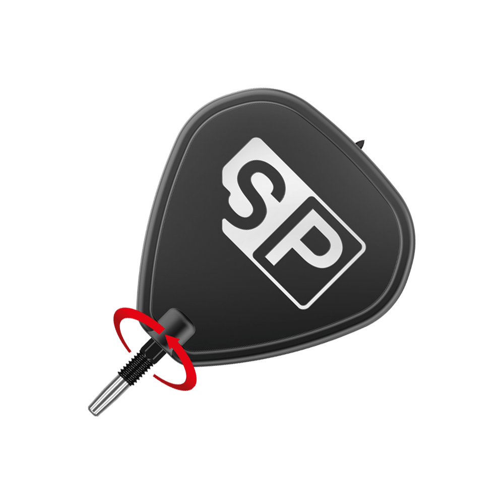 Zaměřte špičky šipek Swiss Point Black Das Bild zeigt eine schwarze Dartspitze mit der weißen Aufschrift "SP". Im unteren Bereich ist ein rotes Element zu sehen, das die Spitze hervorhebt.