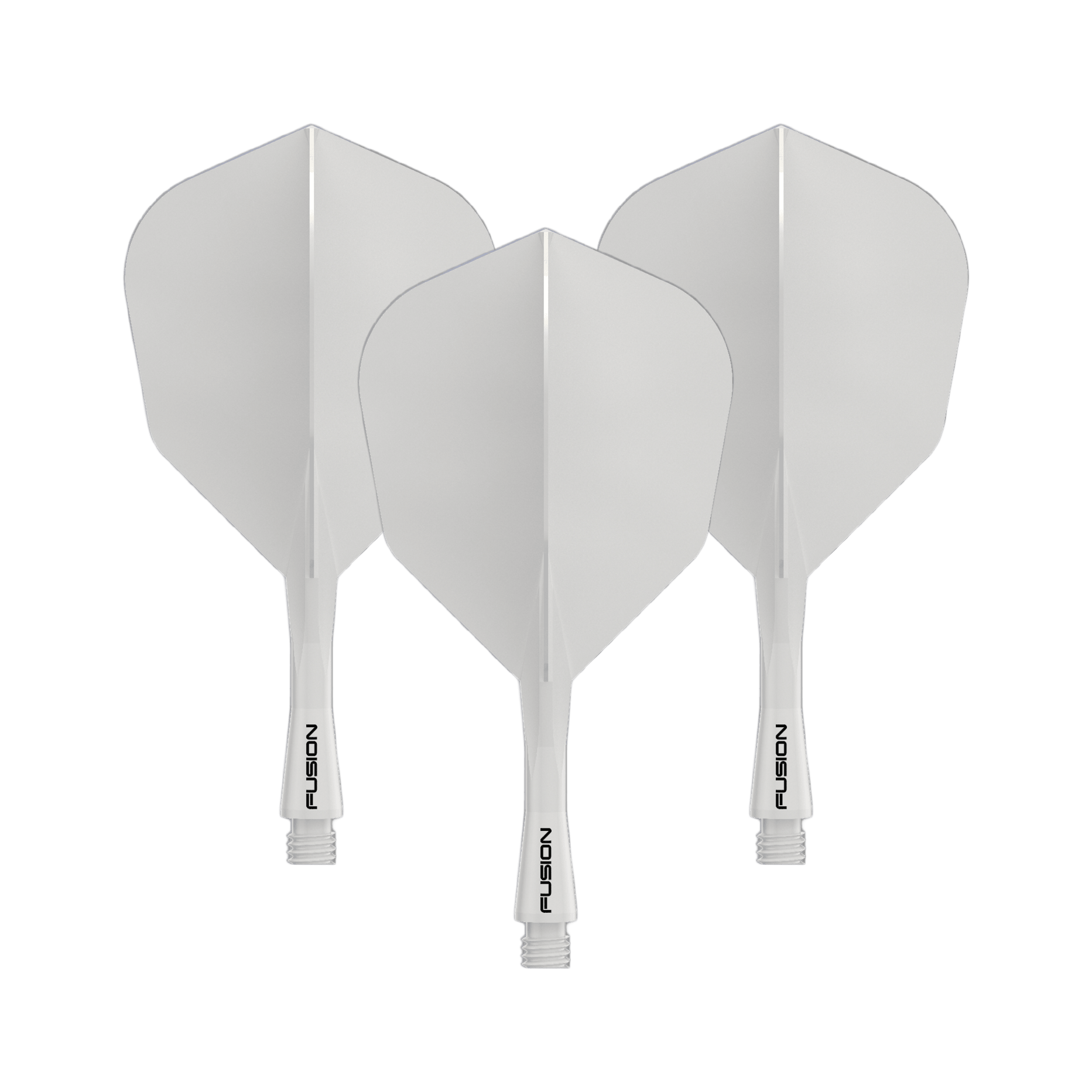 Gezeigt wird das Winmau Fusion Flight Shaft System No6 in Solid White, 22mm (1 Set). Es ist ein weißes Zubehörteil für Dartpfeile.