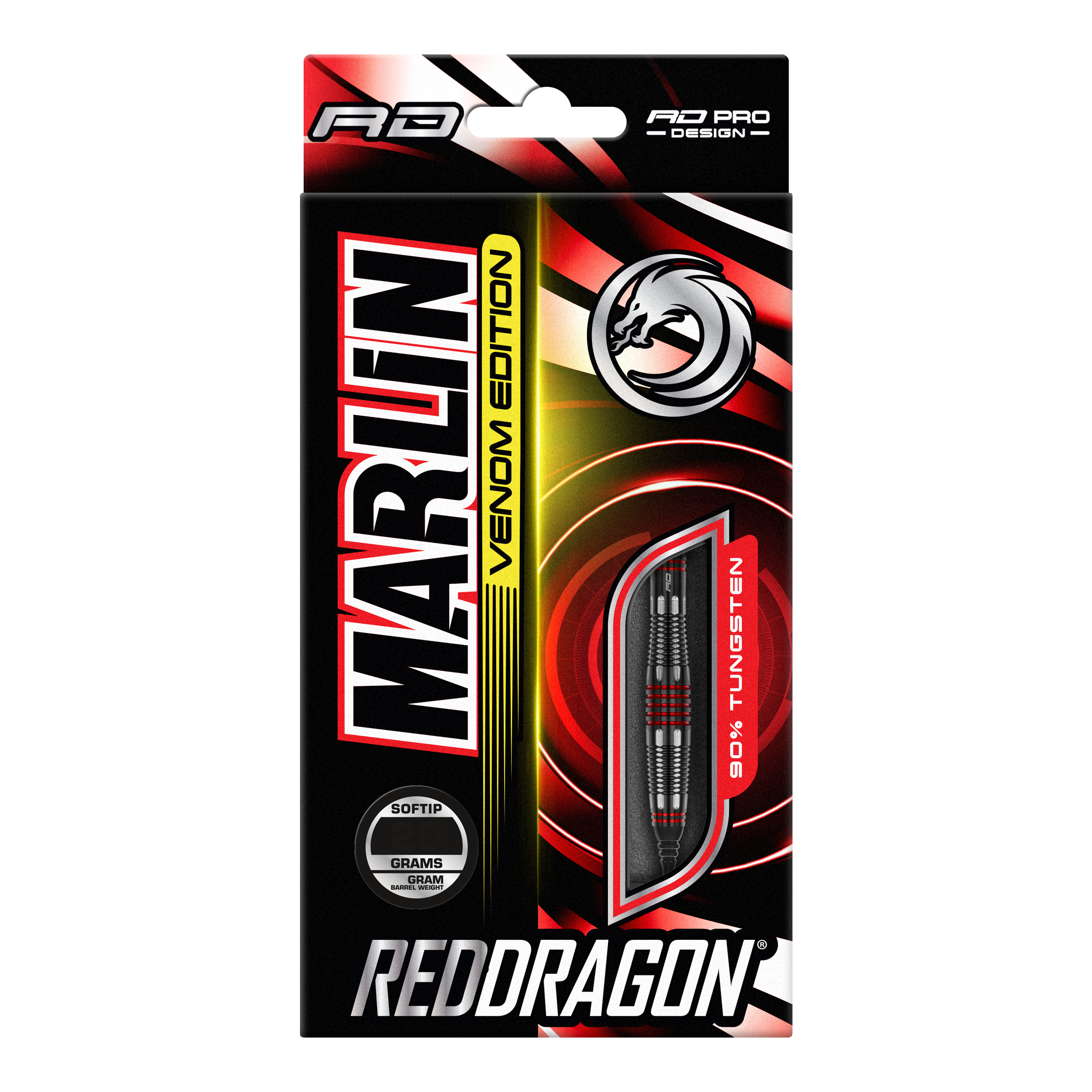 Měkké šipky Red Dragon Marlin Venom - 22g Die Abbildung zeigt die Verpackung der "Red Dragon Marlin Venom Softdarts - 22g". Die Verpackung ist schwarz-rot gestaltet und hebt die Darts mit 90% Tungsten-Anteil hervor.