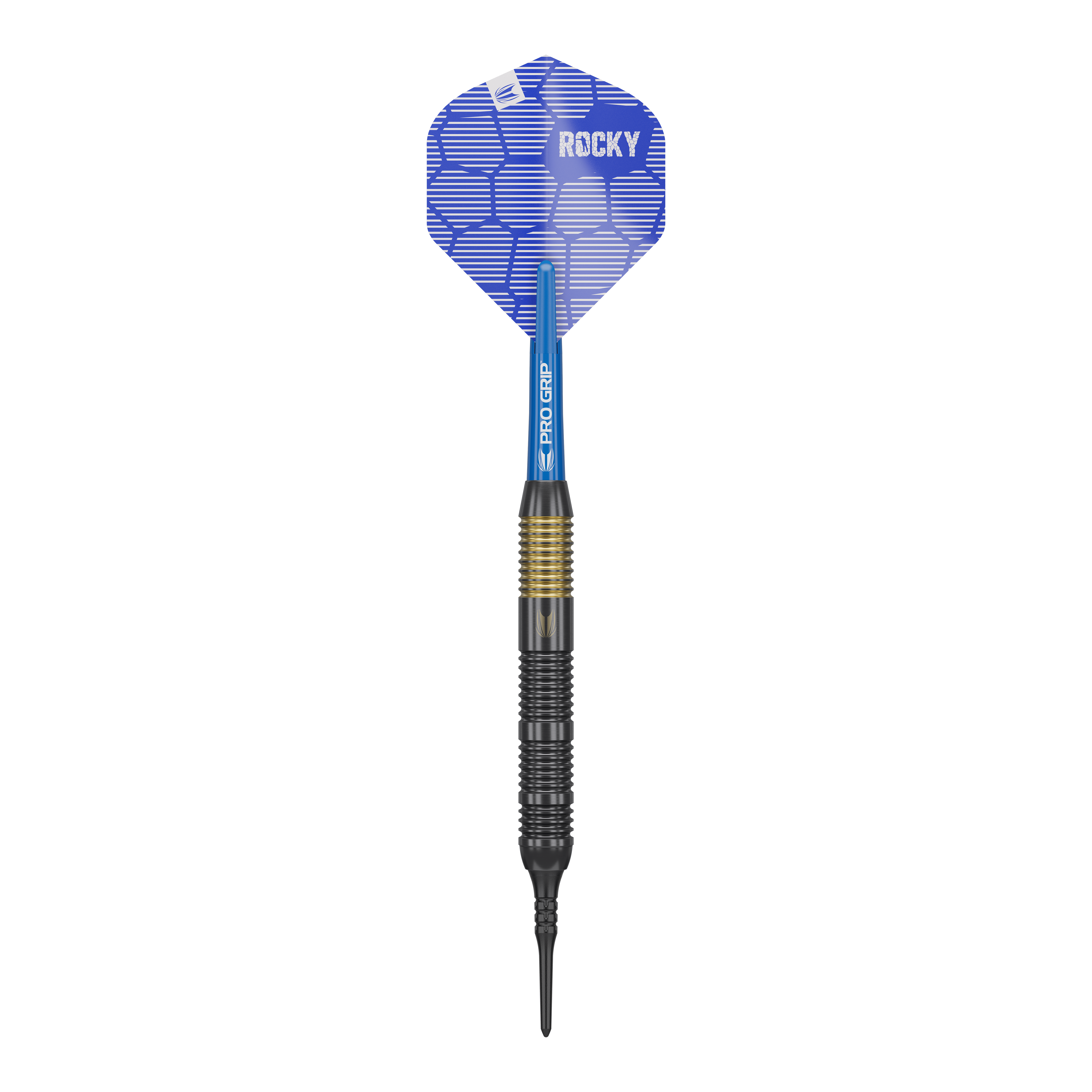 Šipky Target Josh Rock Brass měkké - 18g Das Bild zeigt einen Target Josh Rock Brass Softdart mit einem Gewicht von 18g. Der Dart hat eine blaue Flight mit der Aufschrift "ROCKY" und einen messingfarbenen Griffbereich.