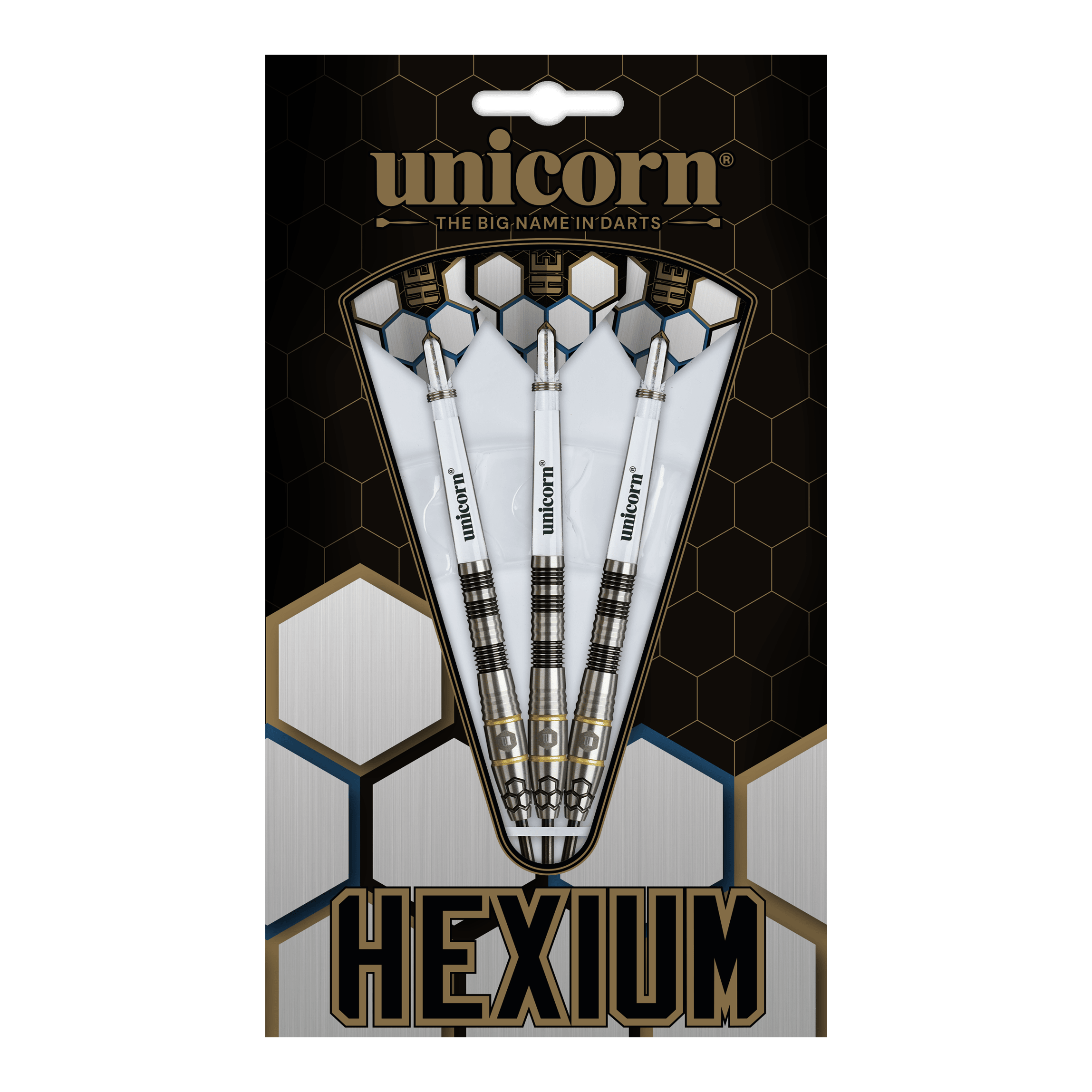 Ocelové šipky Unicorn Hexium Style 01 Černé a zlaté Unicorn Hexium Style 01 Black & Gold Steeldarts sind auf diesem Bild abgebildet. Die Abbildung zeigt die schwarzen und goldenen Steeldarts in Nahaufnahme.