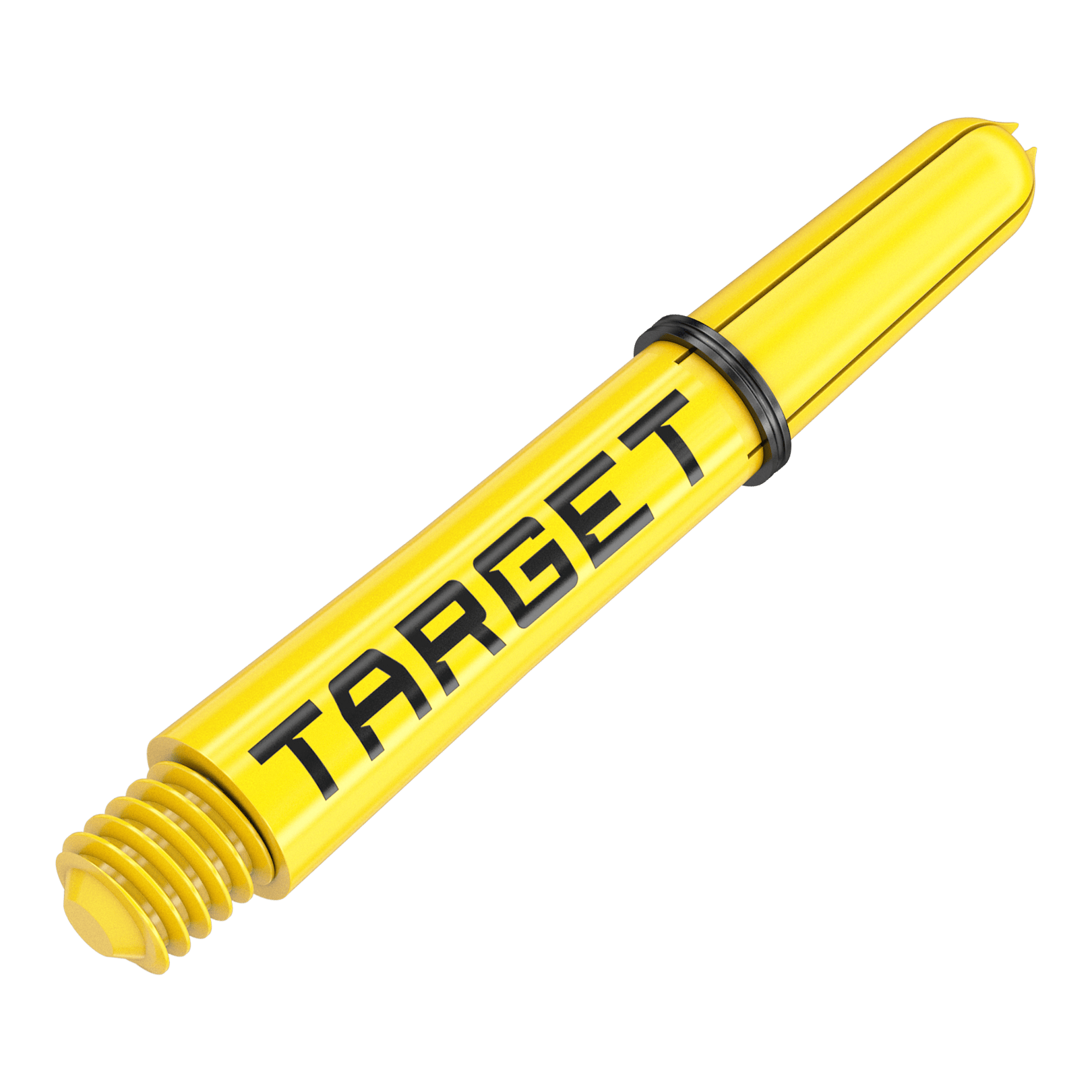 Násadky Target Pro Grip TAG - 3 sady - žluté Dies ist ein gelber Dart-Schaft mit der schwarzen Aufschrift "TARGET". Er verfügt über ein Schraubgewinde und einen schwarzen Gummiring.