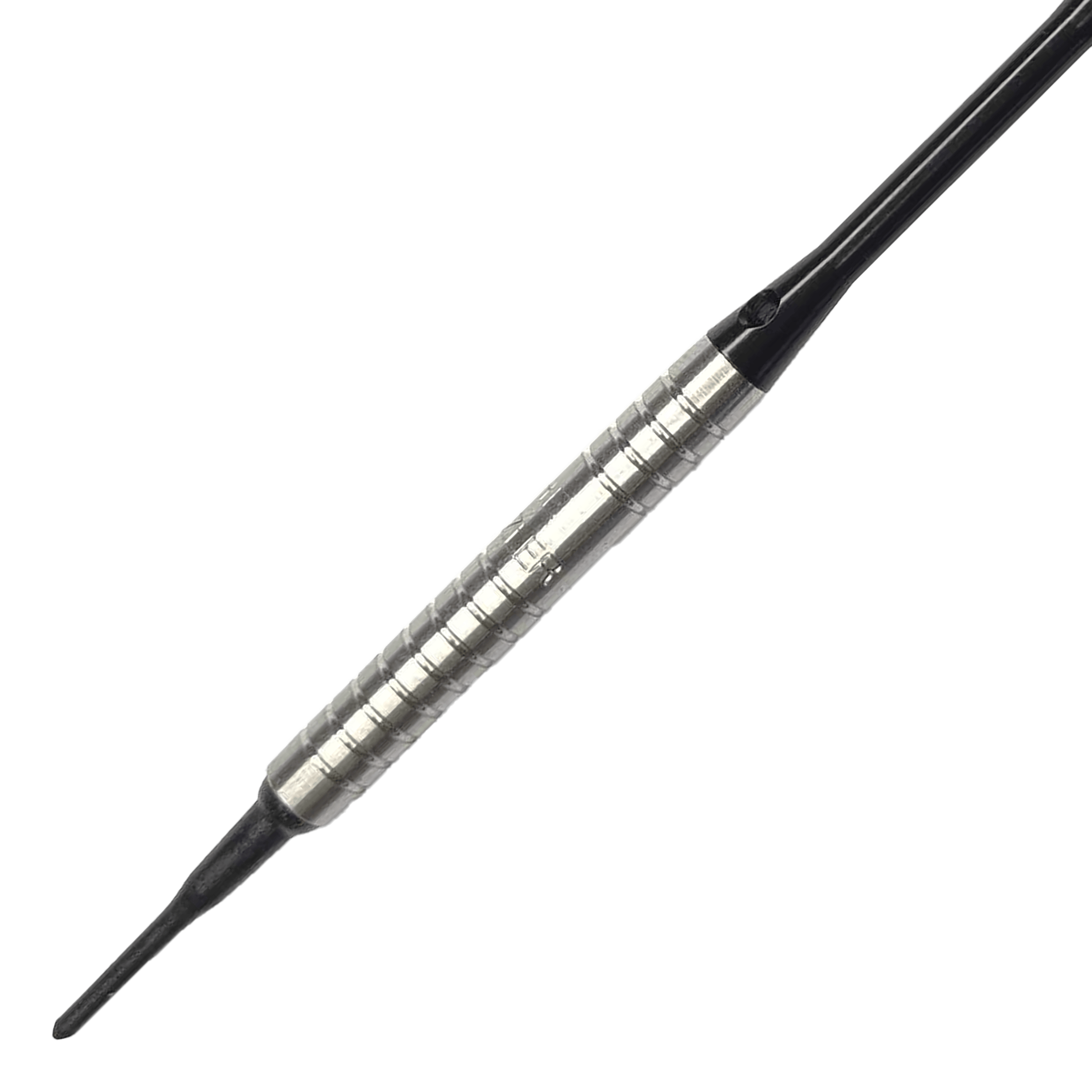 Měkké šipky McDart 85 Tungsten V16 - 16,5 g Das Bild zeigt einen McDart 85er Tungsten V16 Softdart mit einem Gewicht von 16,5 Gramm. Der Dartpfeil hat einen silbernen, geriffelten Schaft und eine schwarze Spitze.