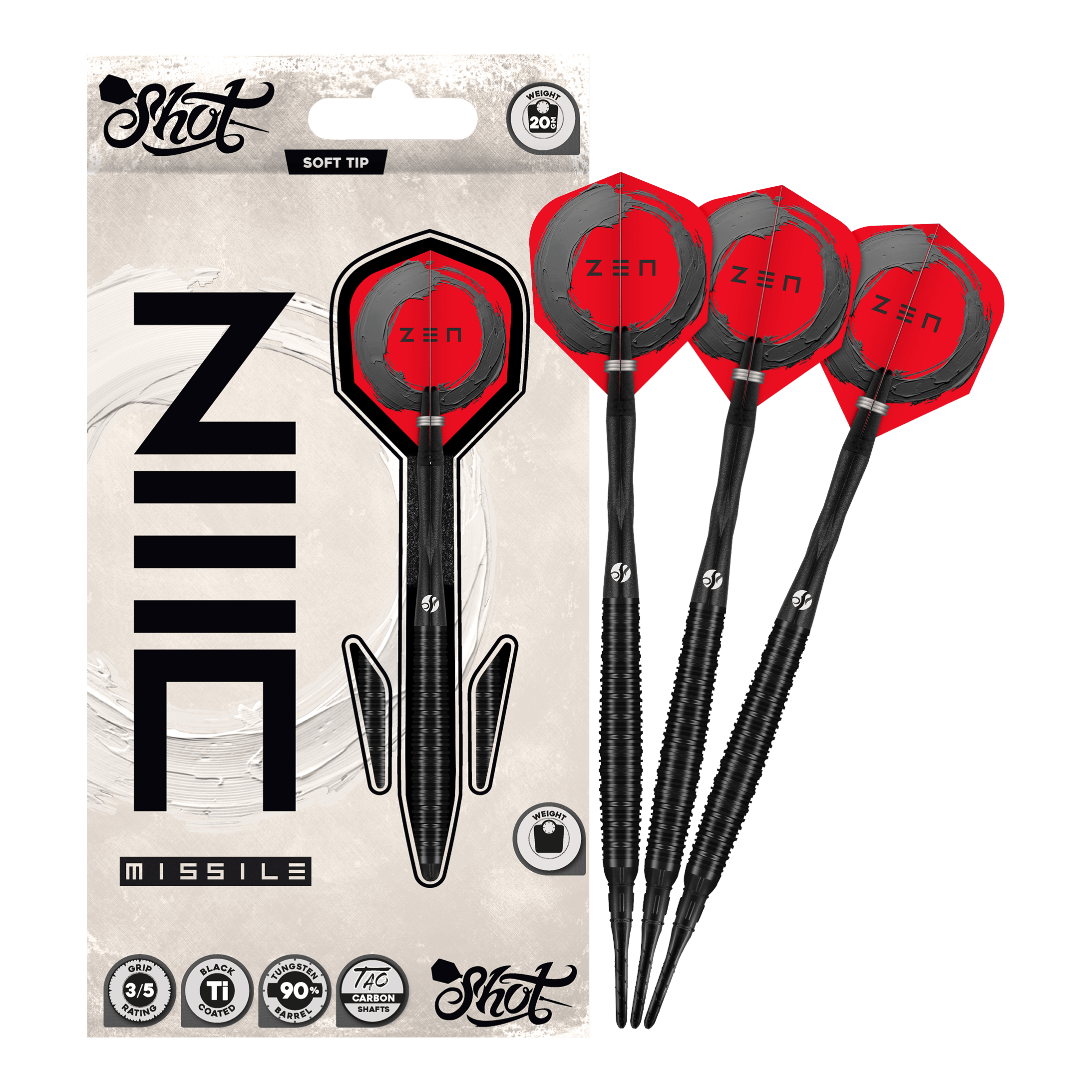 Měkké šipky Shot ZEN Missile - 20g Auf dem Bild ist der vollständige Satz der Shot ZEN Missile Softdarts - 20g zu sehen. Diese Pfeile sind für anspruchsvolle Dartspieler konzipiert.