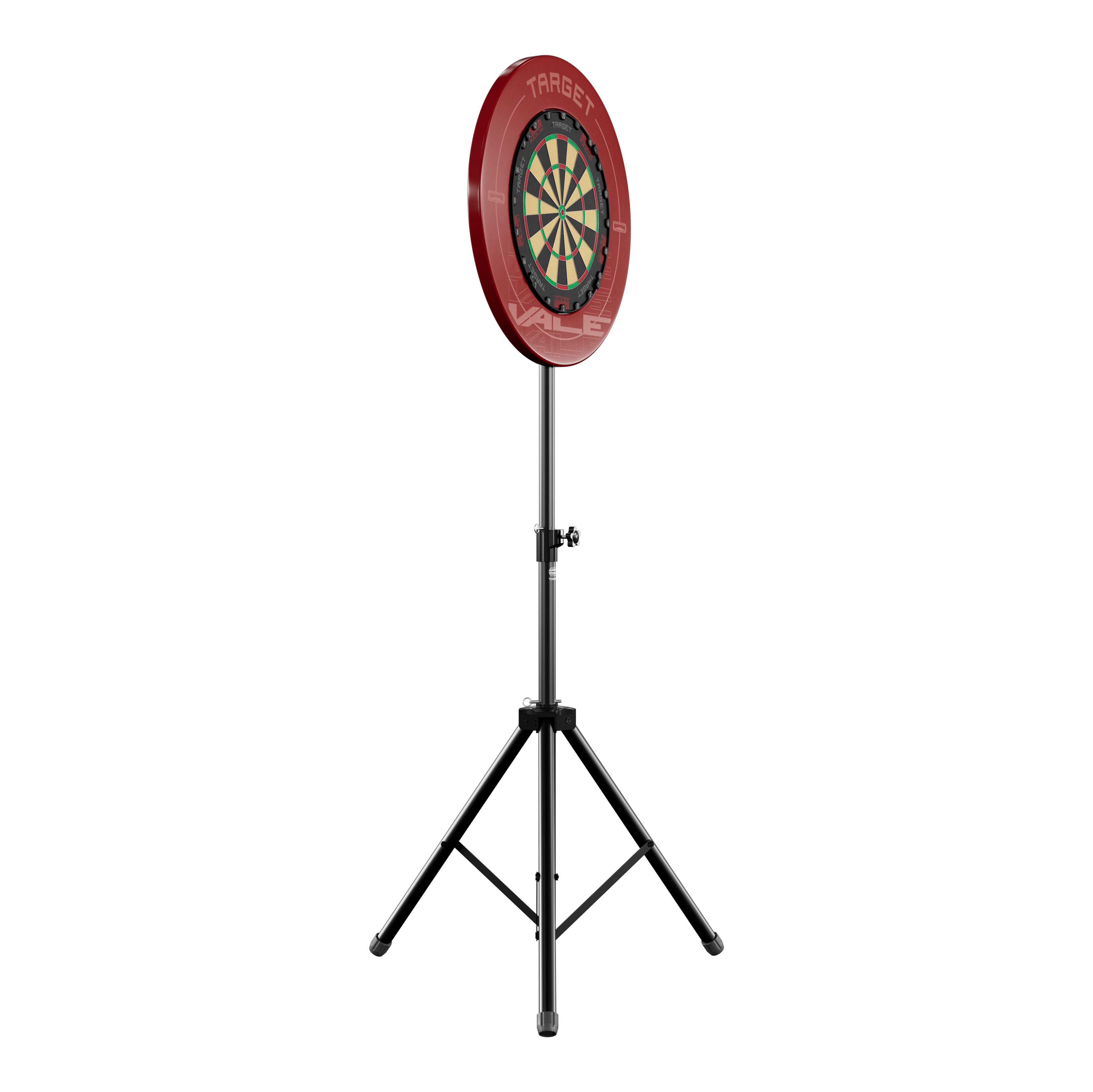 Stojan na terč Target Das Bild zeigt einen Dartboard-Ständer mit einer runden Dartscheibe und rotem Auffangring. Der Ständer hat drei stabile Beine und ist höhenverstellbar.