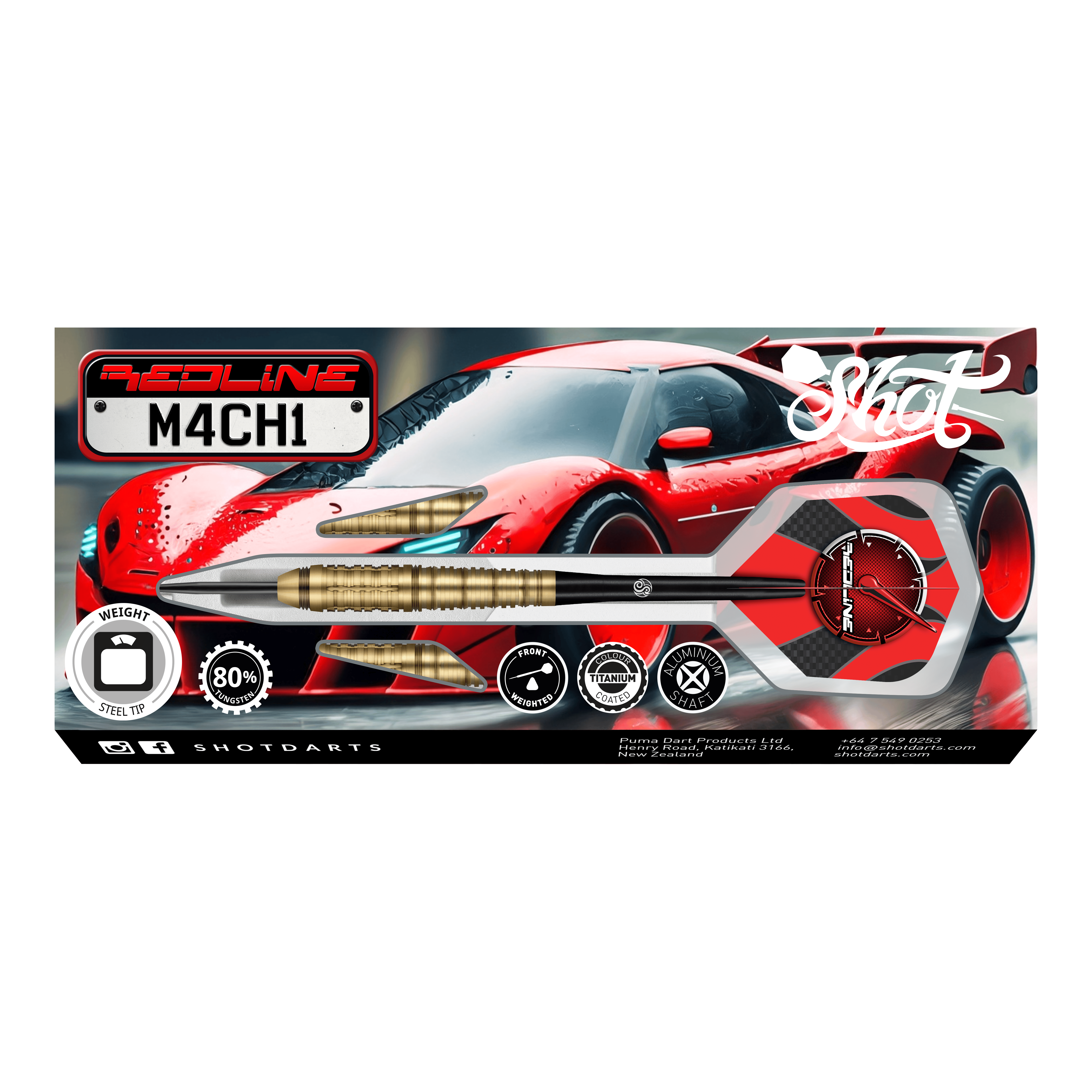 Ocelové šipky Shot Redline Mach 1 Das Bild zeigt die Verpackung der "Shot Redline Mach 1 Steeldarts" vor einem roten Sportwagen. Auf der Verpackung sind die Darts sowie verschiedene Produktsymbole und das Logo gut sichtbar abgebildet.