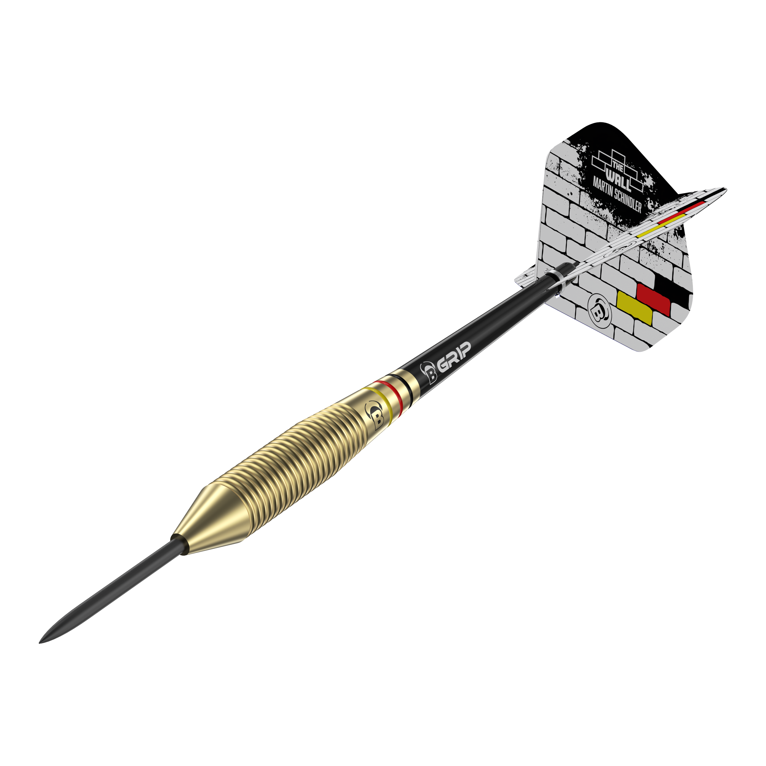 Býci Martin Schindler The Wall Mosazné ocelové šipky Das Bild zeigt einen Steeldart mit messingfarbenem Griff und schwarzem Schaft. Auf dem Flight steht "The Wall Martin Schindler" vor einem gemauerten Hintergrund mit den Farben der deutschen Flagge.