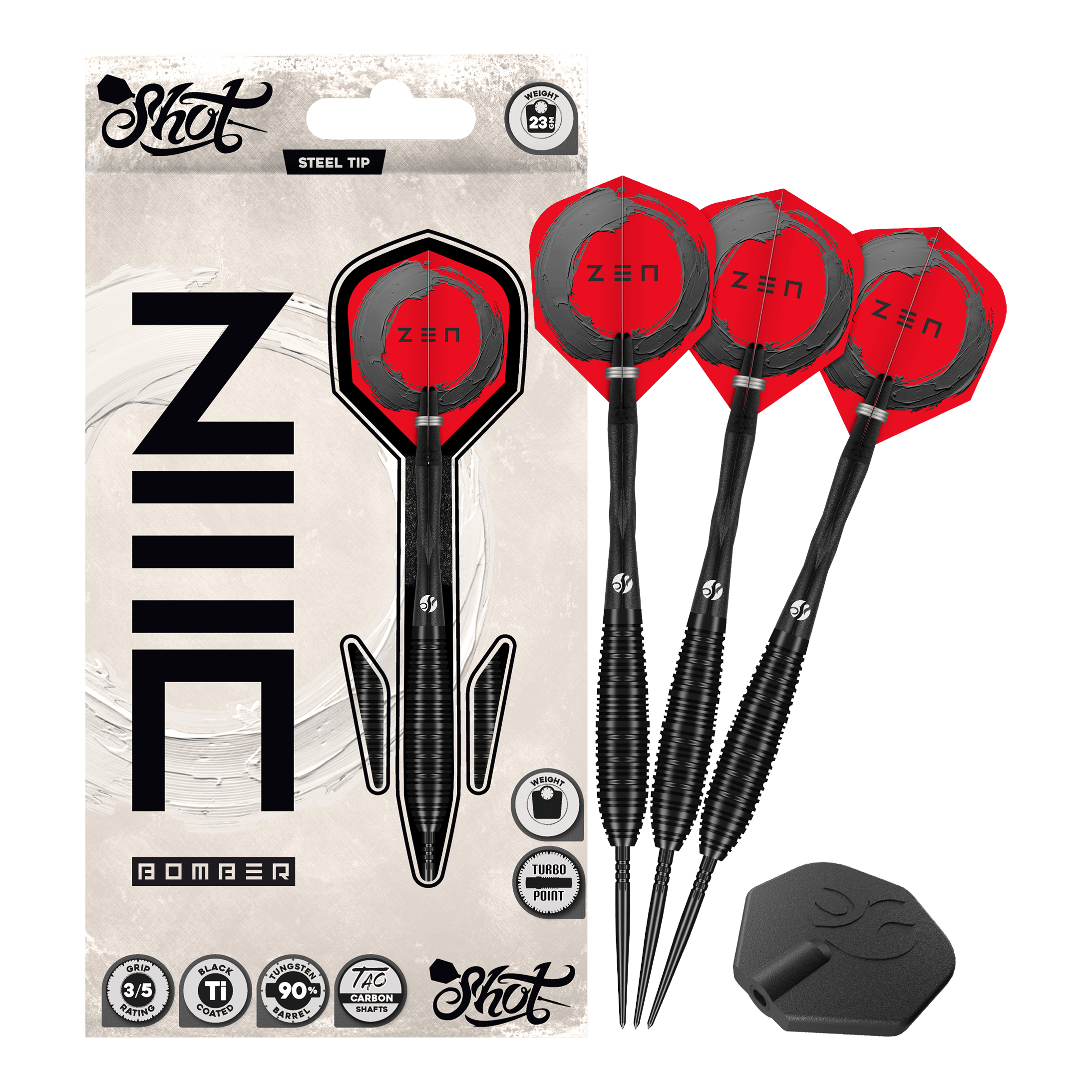 Ocelové šipky Shot ZEN Bomber Turbo Point Auf dem Foto ist das Set Shot ZEN Bomber Turbo Point Steeldarts vollständig abgebildet. Dieses Set enthält alle notwendigen Darts für das Spiel.