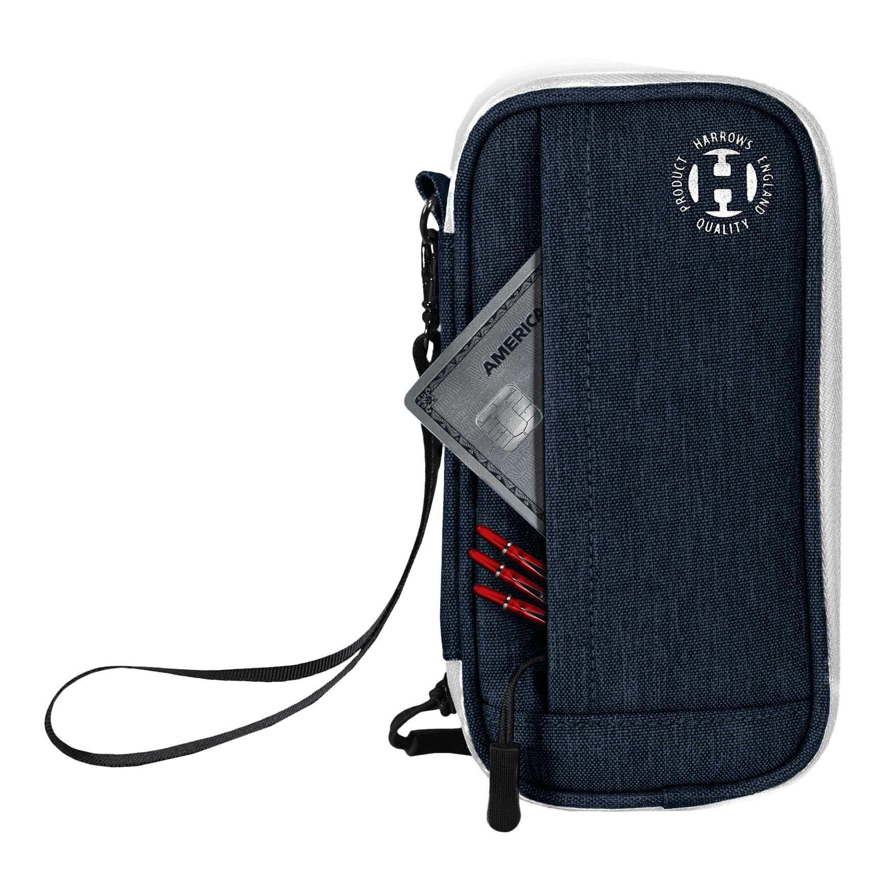 Harrows Smart Case Dartwallet Das Bild zeigt ein blaues Harrows Smart Case Dartetui mit einer Handgelenkschlaufe. In einer Außentasche befinden sich eine Kreditkarte und mehrere rote Dartspitzen.
